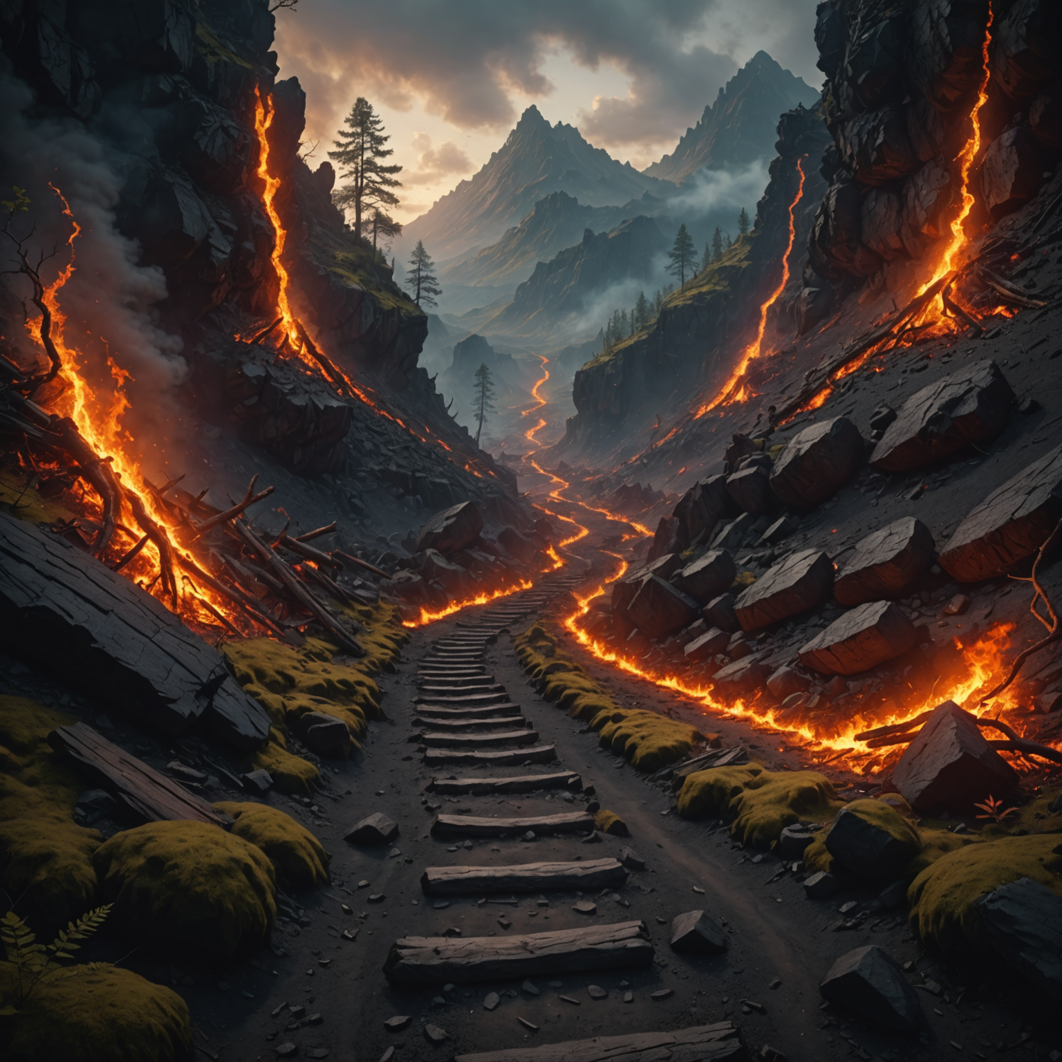 Forgotten Forest Path Wielding Fire Power in Volcanic Mountains fantasy art