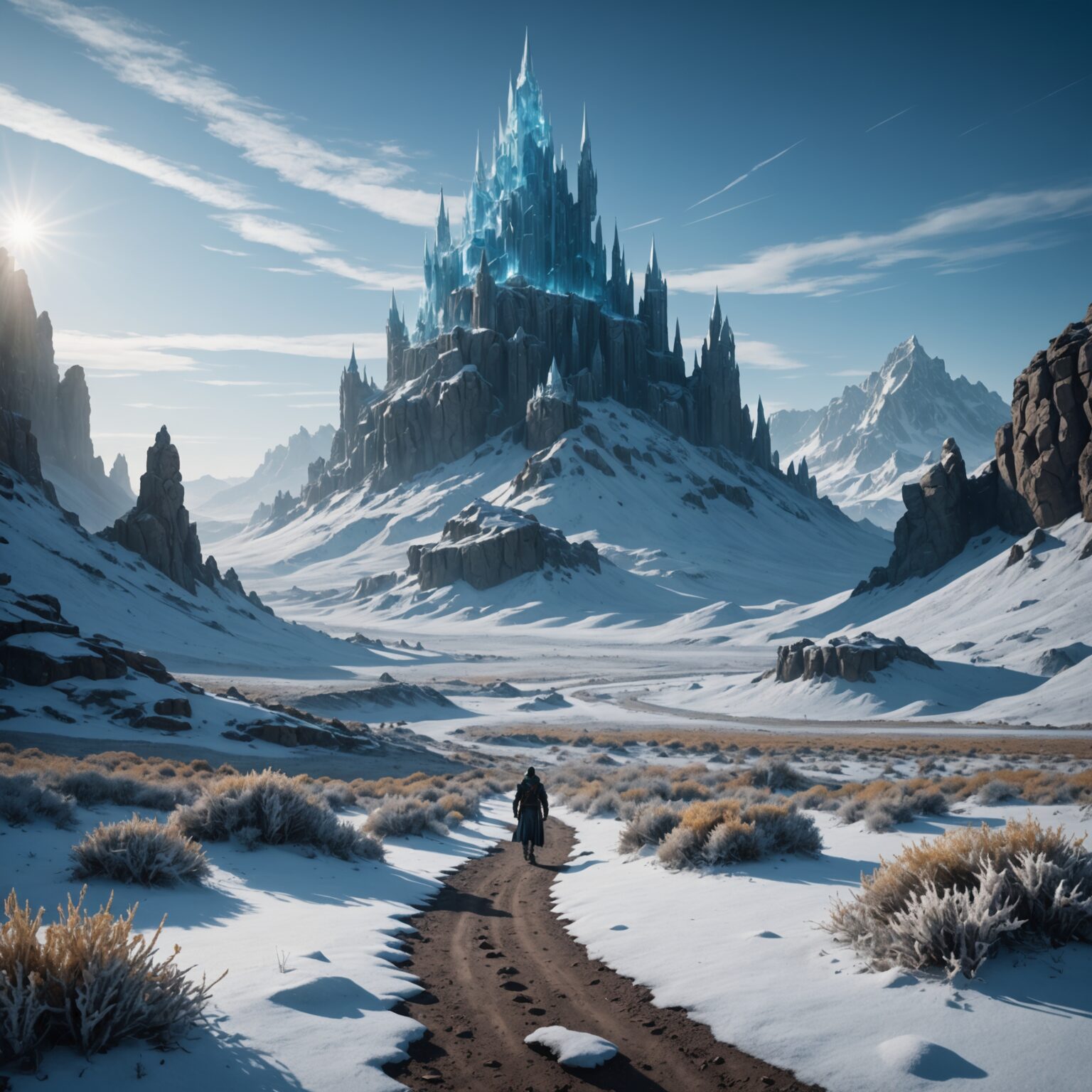 Frost-Embraced Desert Kingdom: A Shadowed Fantasy Landscape in 4K fantasy art