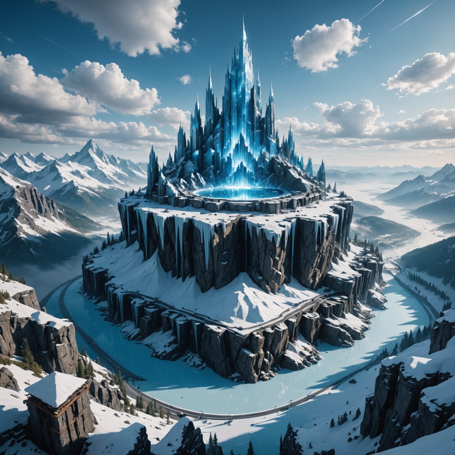 Frost-Empowered Mountain Vista in a Floating Sky City: A Vertical Epic fantasy art