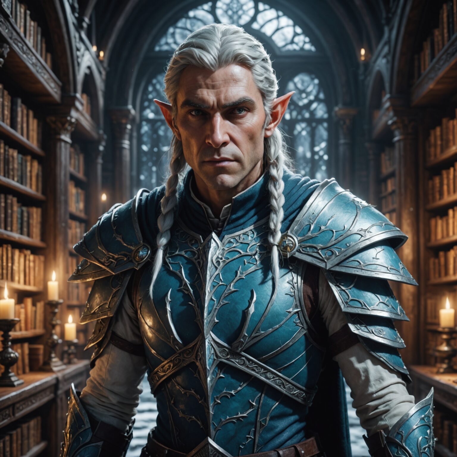 Frost-Infused Elf Guardian in the Arcane Library fantasy art