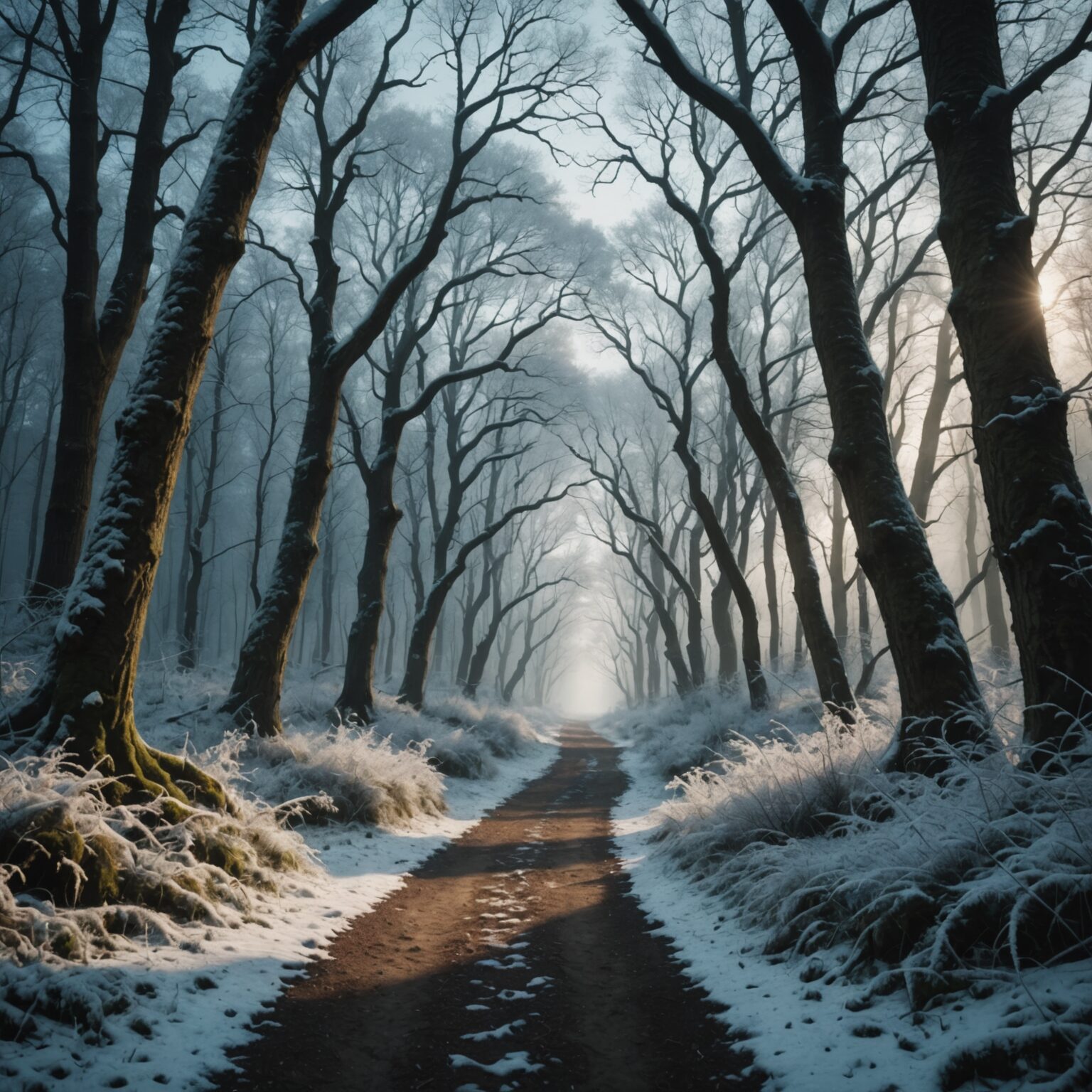 Frost-Kissed Ancient Forest Path: A Cinematic Desktop Wallpaper fantasy art