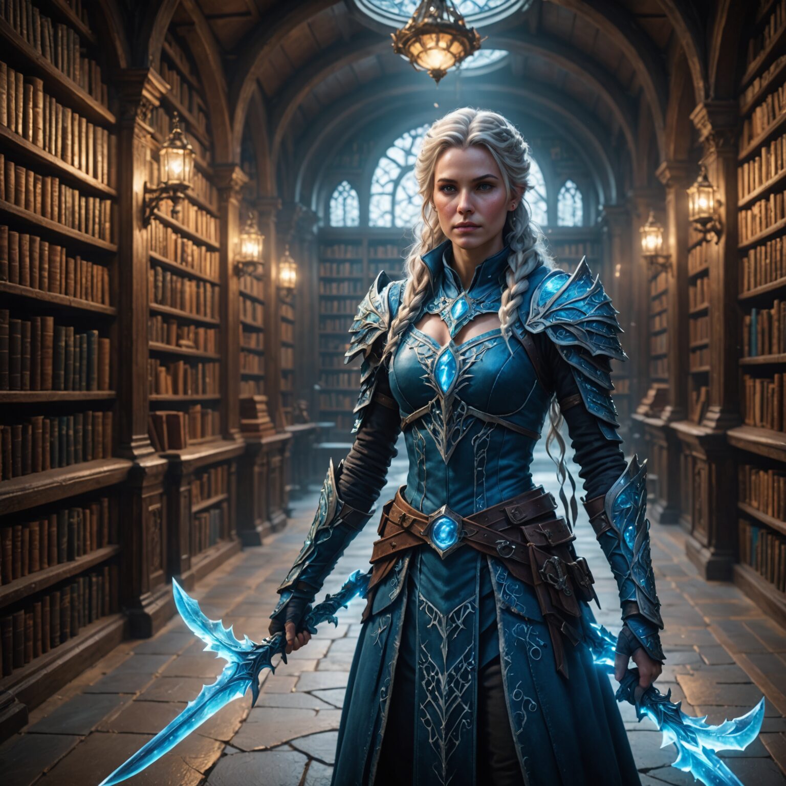 Frostbound Elegance: The Spellblade Weaver of the Arcane Library Frostbound Elegance: The Spellblade Weaver of the Arcane Library fantasy art