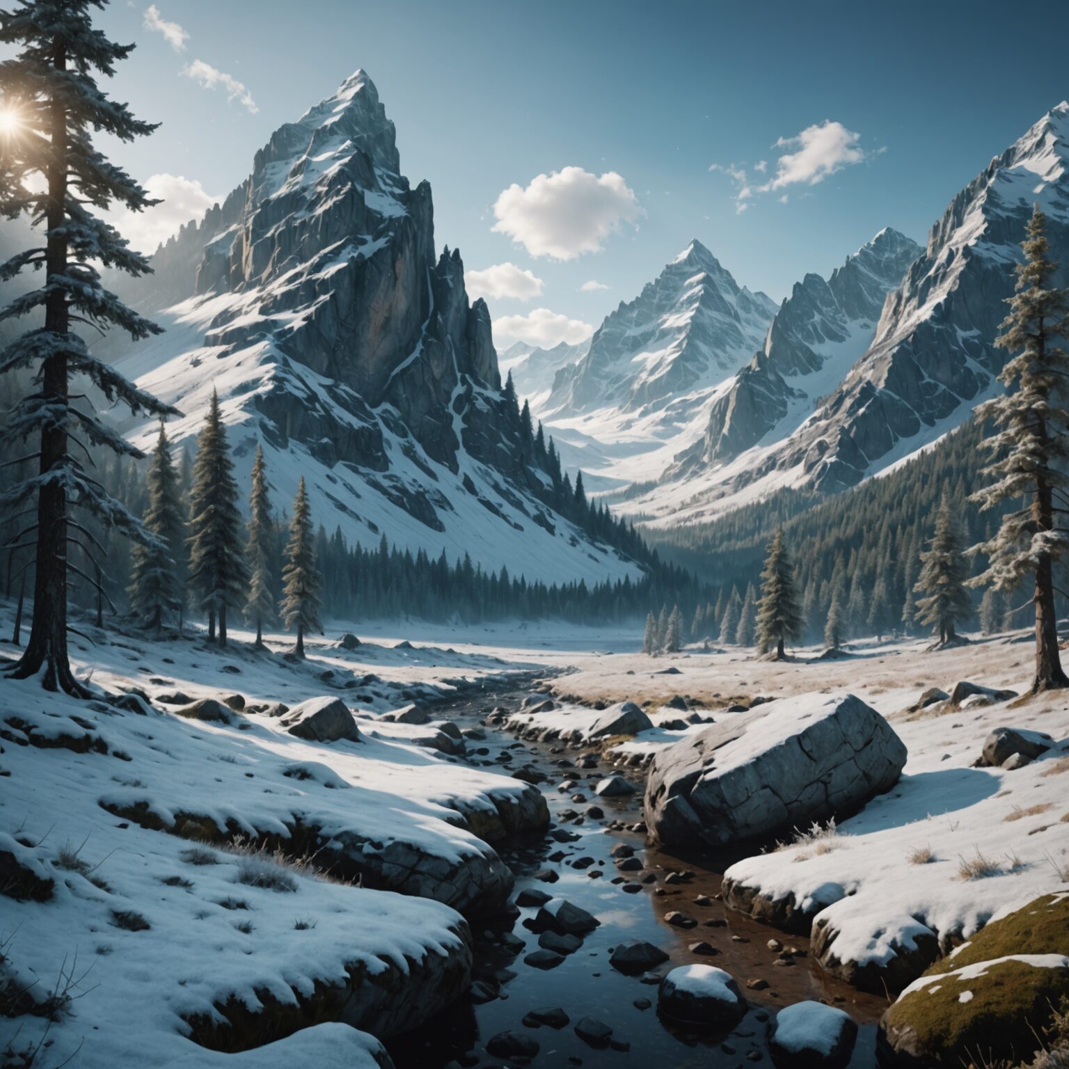 Frostbound Majesty: Cinematic Mountain Vista in an Ancient Forest Frostbound Majesty: Cinematic Mountain Vista in an Ancient Forest fantasy art