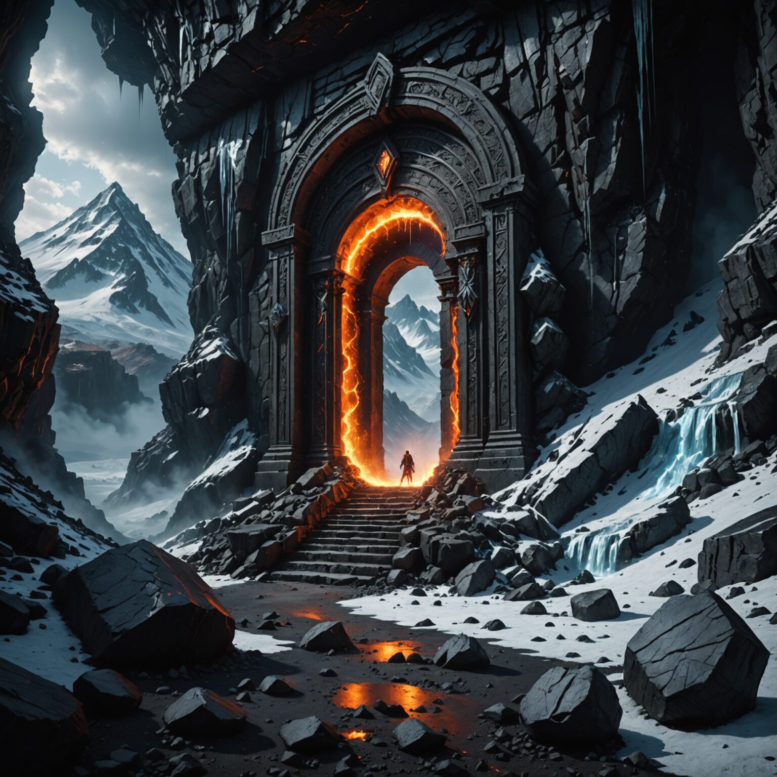 Frostbound Portal: Dark Mysticism in Volcanic Mountains Frostbound Portal: Dark Mysticism in Volcanic Mountains fantasy art