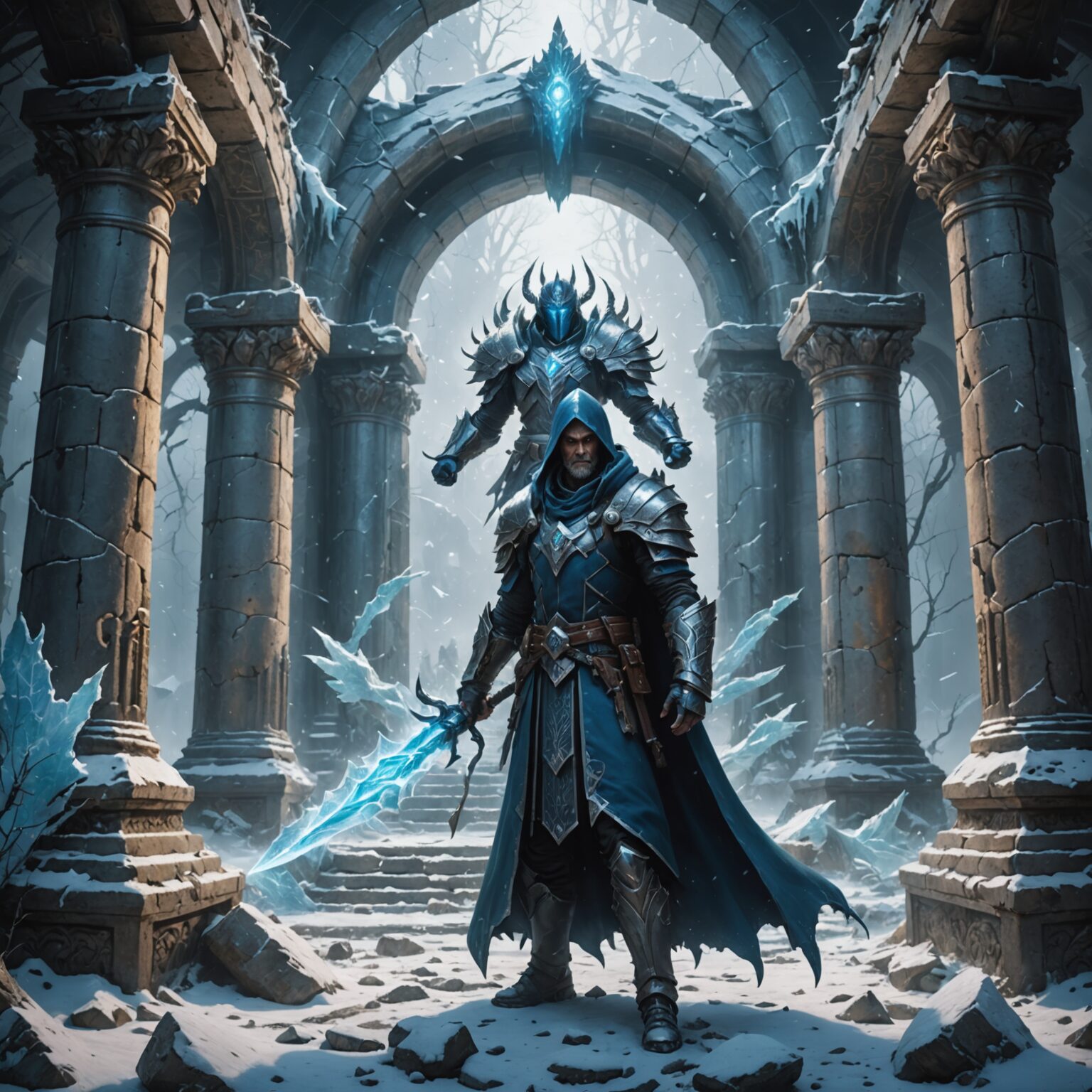 Frostbound Sentinel: The Protector Archmage of the Ruined Temple fantasy art