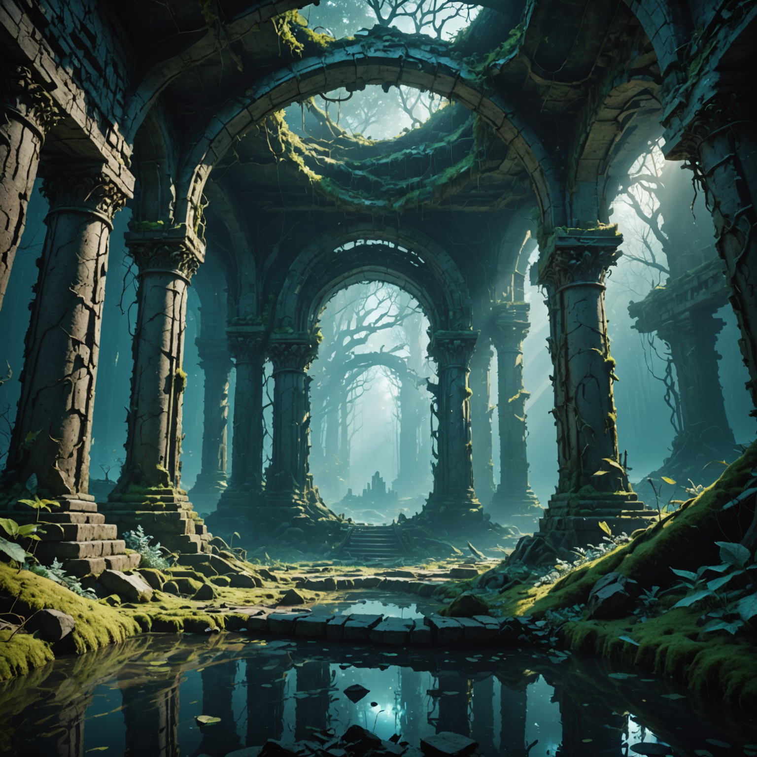 Frostbound Shadows: A Cinematic Underwater Forest in Vertical Elegance fantasy art