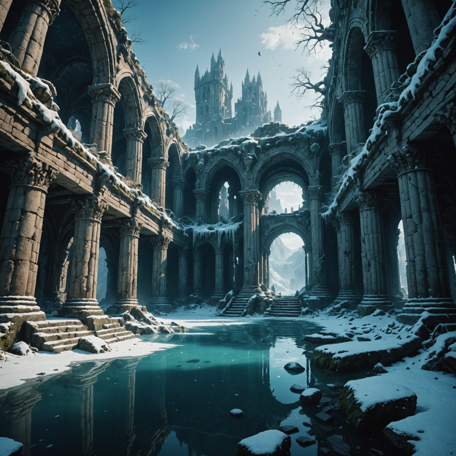 Frozen Echoes: 4K Underwater Ruins Wrapped in Frost fantasy art