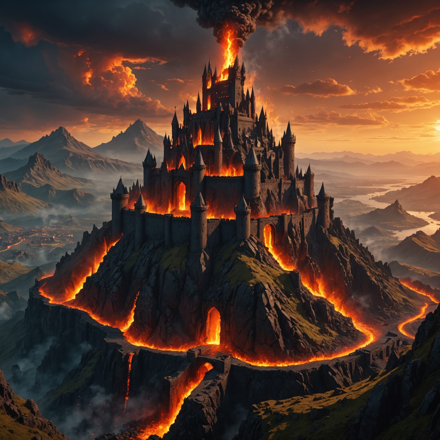 Infernal Majesty: A Cinematic Castle Skyline Amid Volcanic Mountains fantasy art