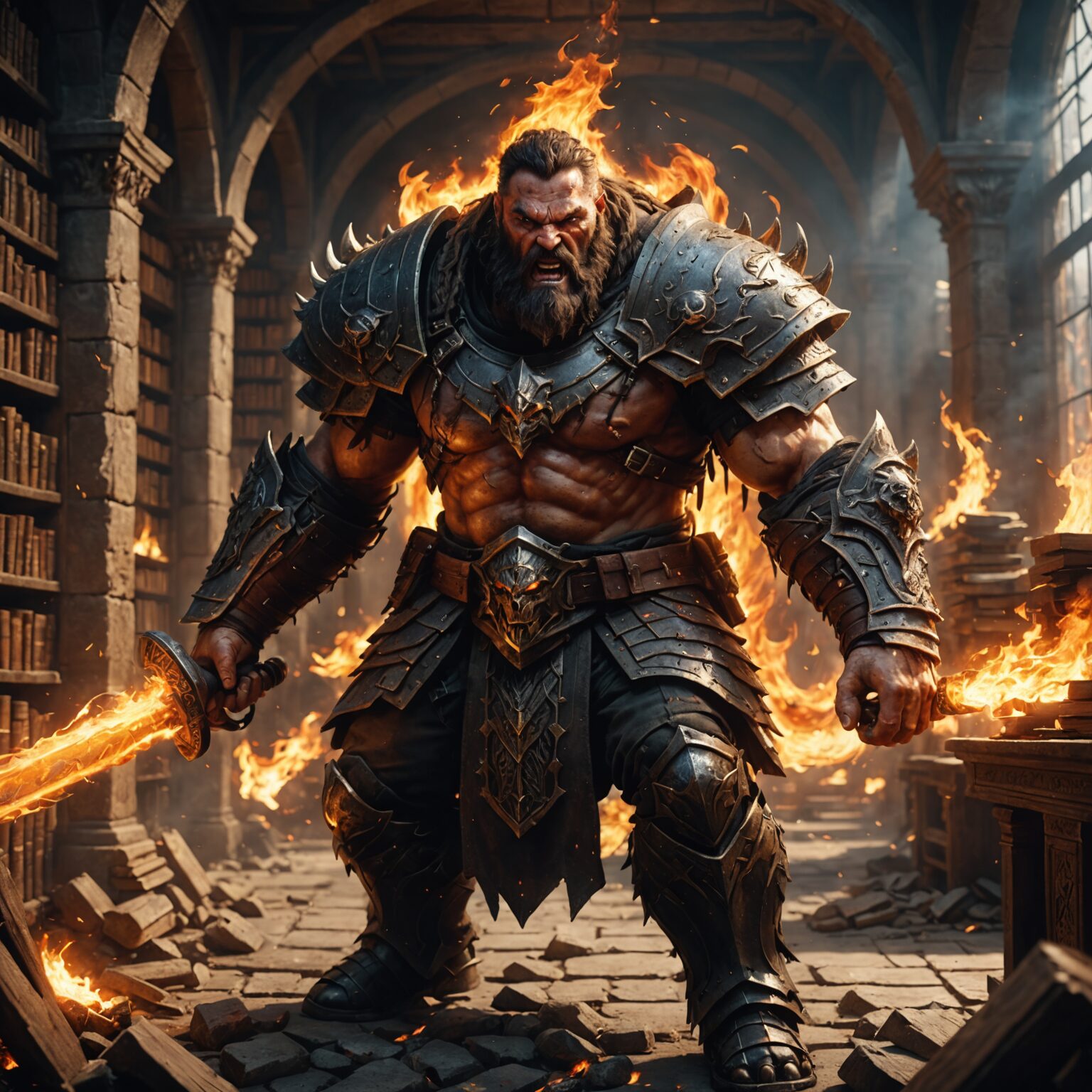 Infernal Warlord: The Fiery Brute of the Arcane Library fantasy art
