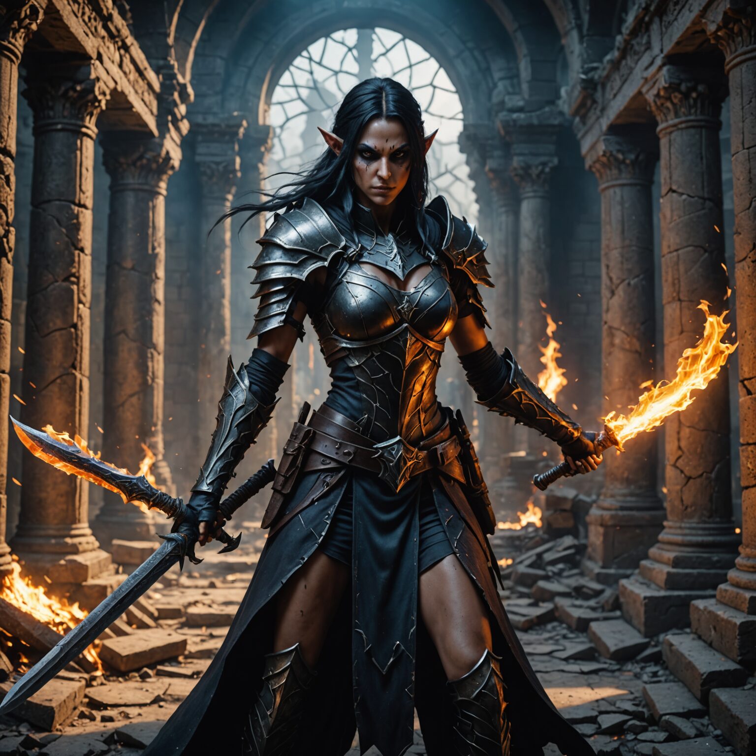 Inferno's Veil: The Dark Elf Assassin of the Ruined Temple fantasy art