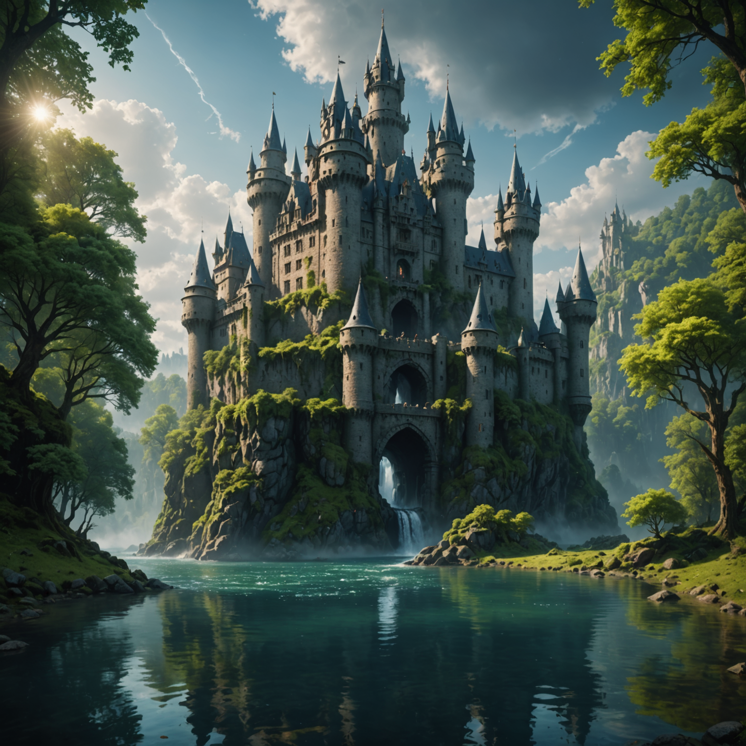 Mystic Castle Skyline by the Enchanted Waters fantasy art
