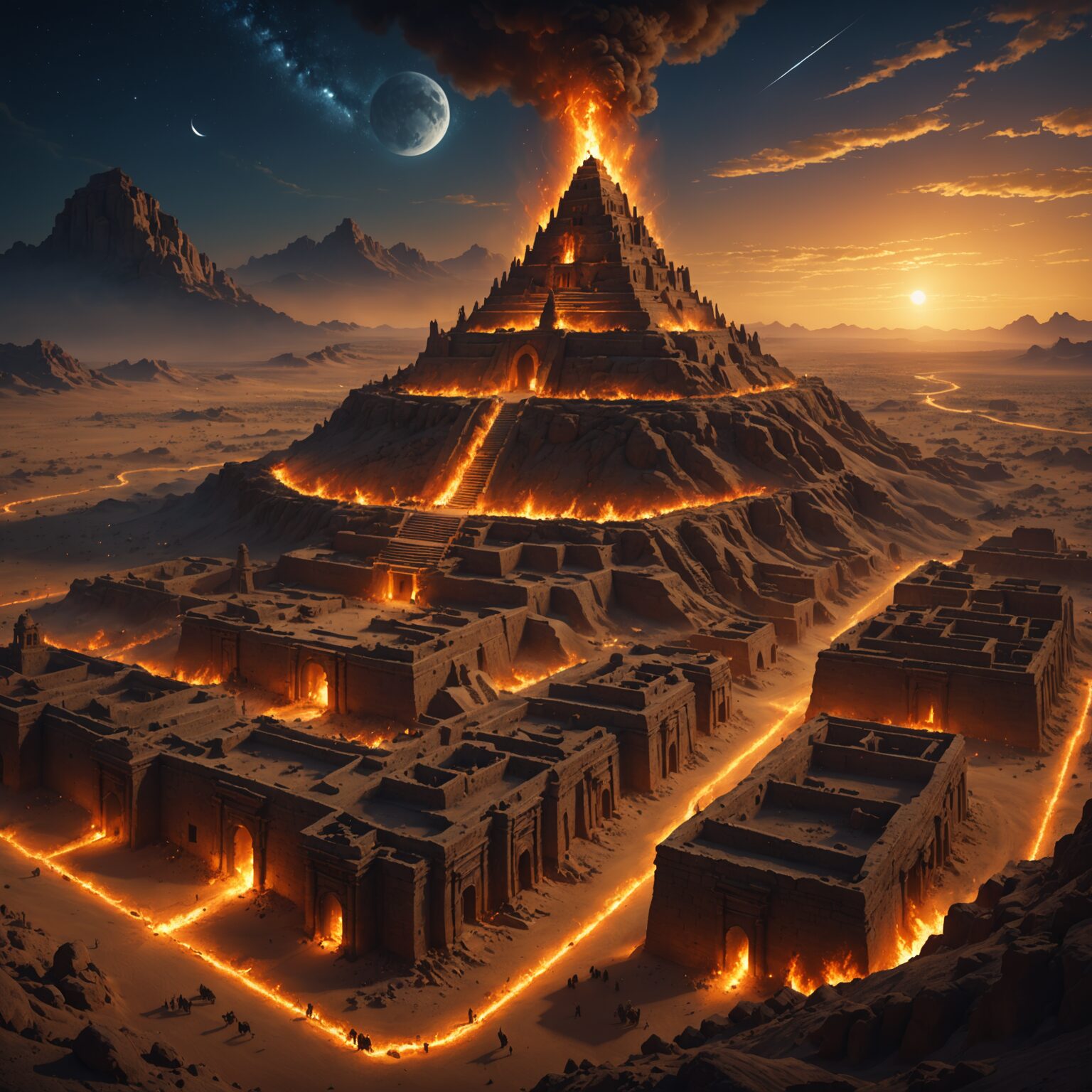 Mystic Flames Illuminate the Ancient Desert Kingdom at Night fantasy art