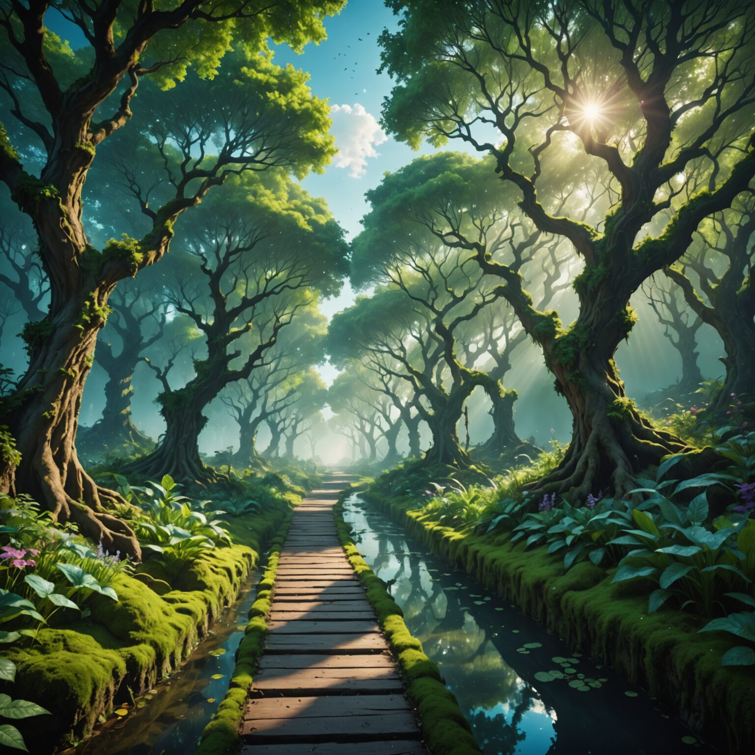 Mystic Forest Path in a Floating Sky City - Desktop Wallpaper fantasy art