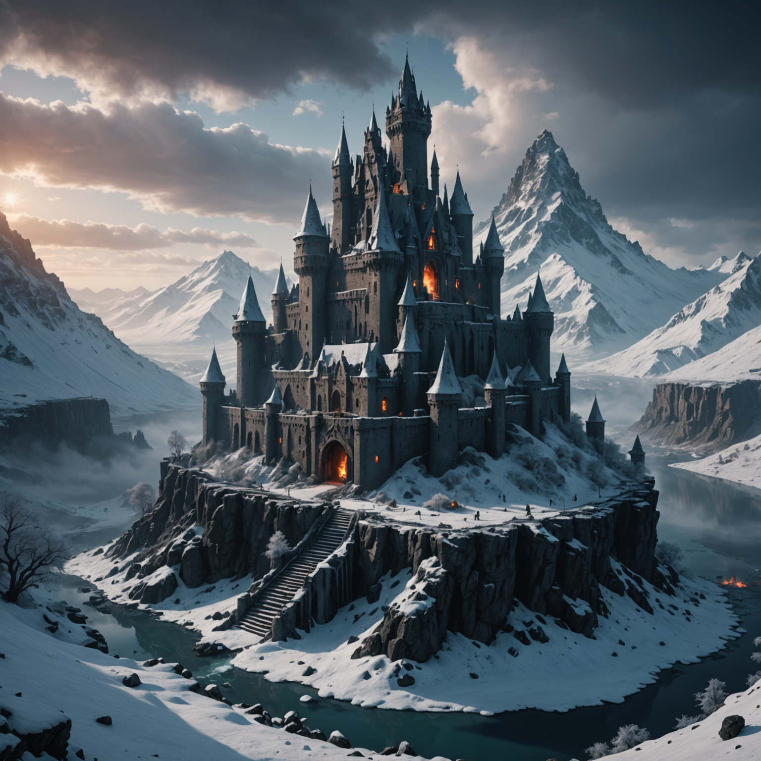 Mystic Frostbound Castle Amid Volcanic Peaks - 4K Fantasy Wallpaper fantasy art