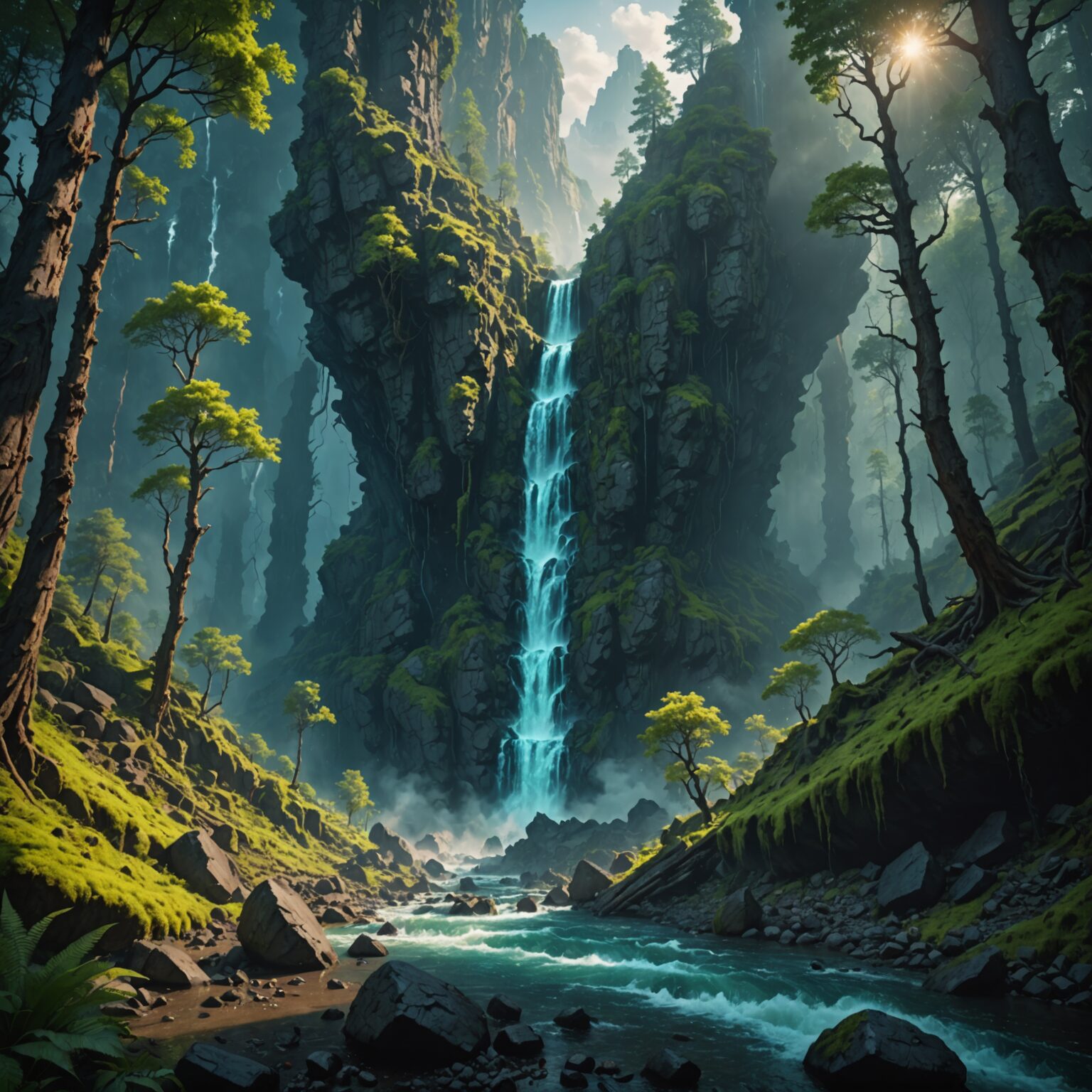 Mystic Waterweaver Amid Volcanic Peaks: A Vertical Fantasy Masterpiece fantasy art