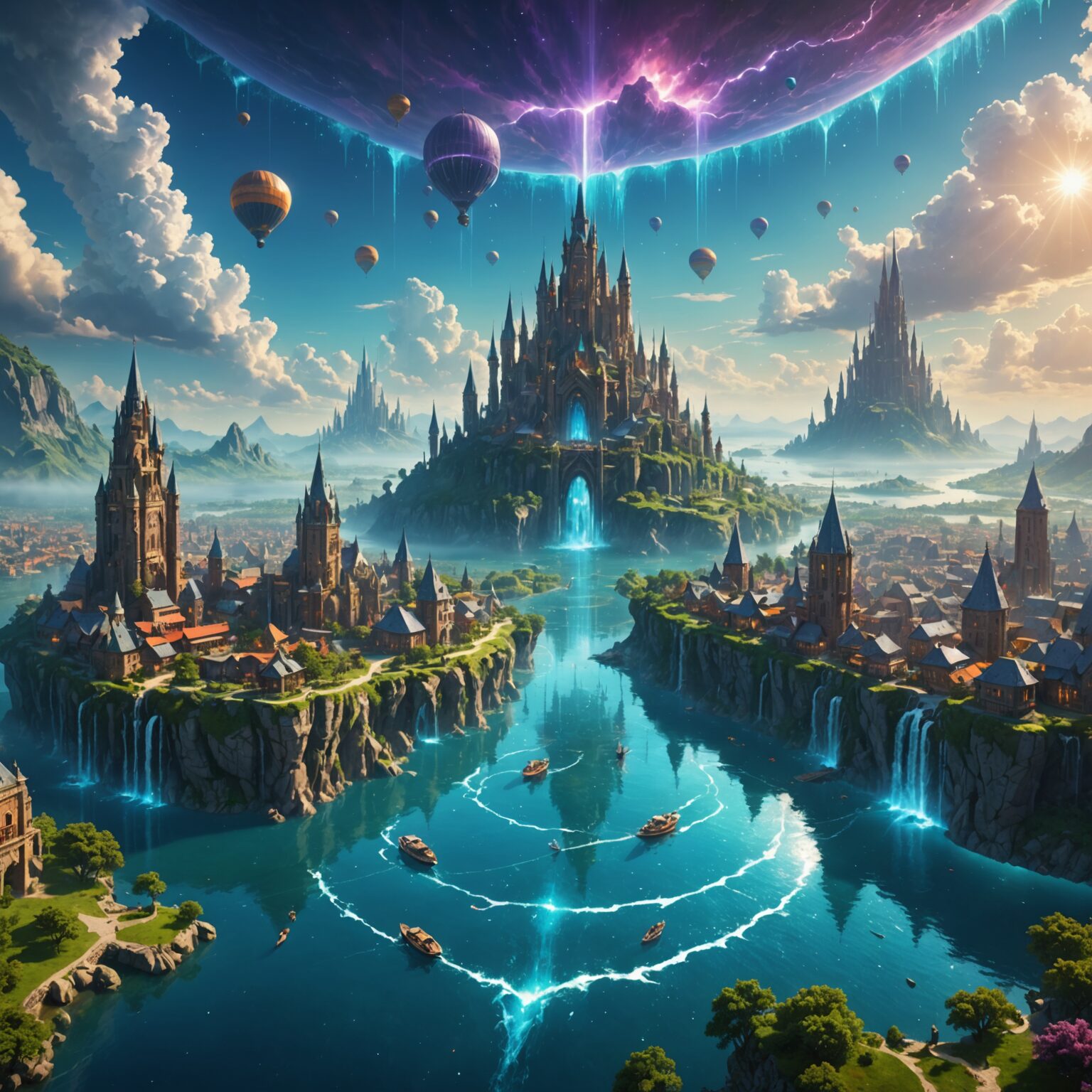 Radiant 4K Fantasy Wallpaper: Floating Sky City Surrounded by Water fantasy art
