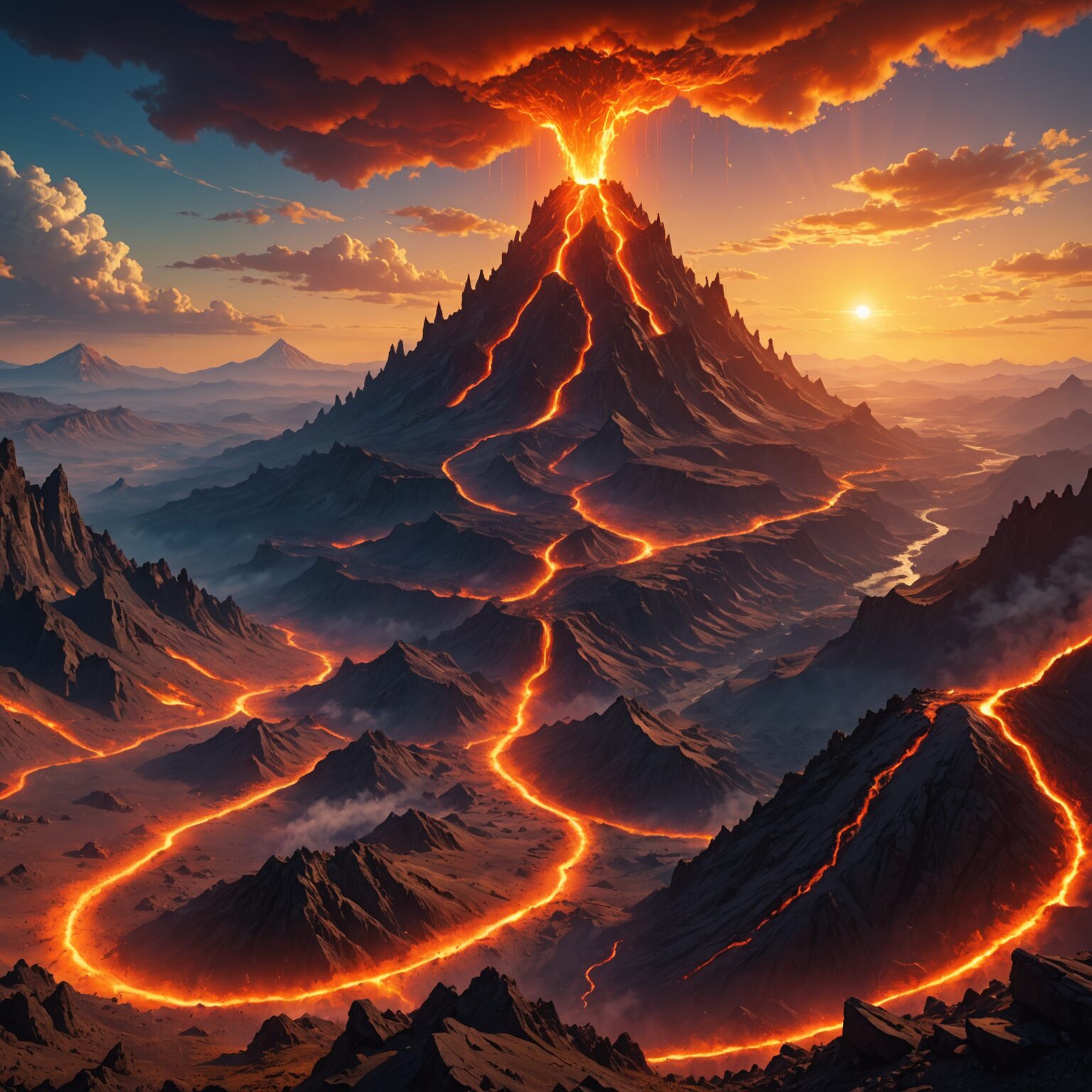 Radiant Earth Kingdom Amid Volcanic Mountains – 4K Fantasy Wallpaper fantasy art