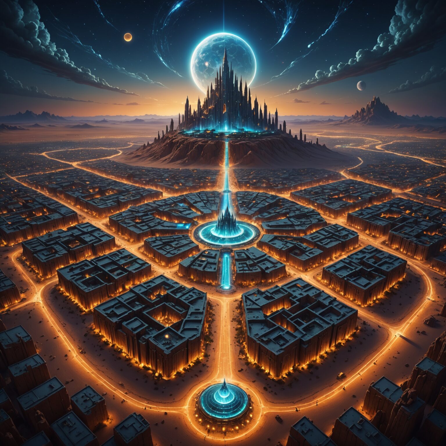 Radiant Earthbound Splendor: Desert Kingdom Cityscape at Night Radiant Earthbound Splendor: Desert Kingdom Cityscape at Night fantasy art