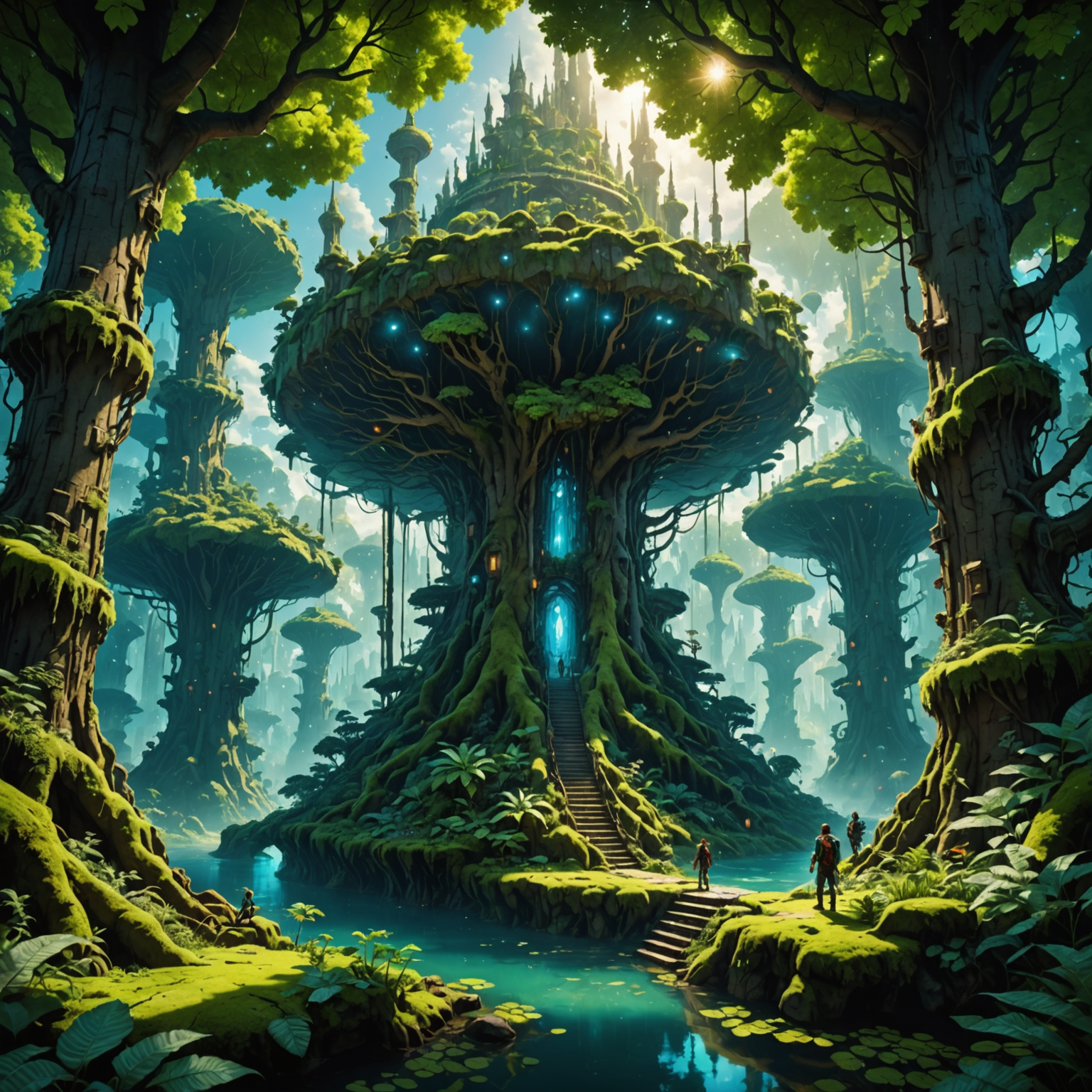 Radiant Forest Shadows in a Floating Sky City – Mobile Wallpaper fantasy art