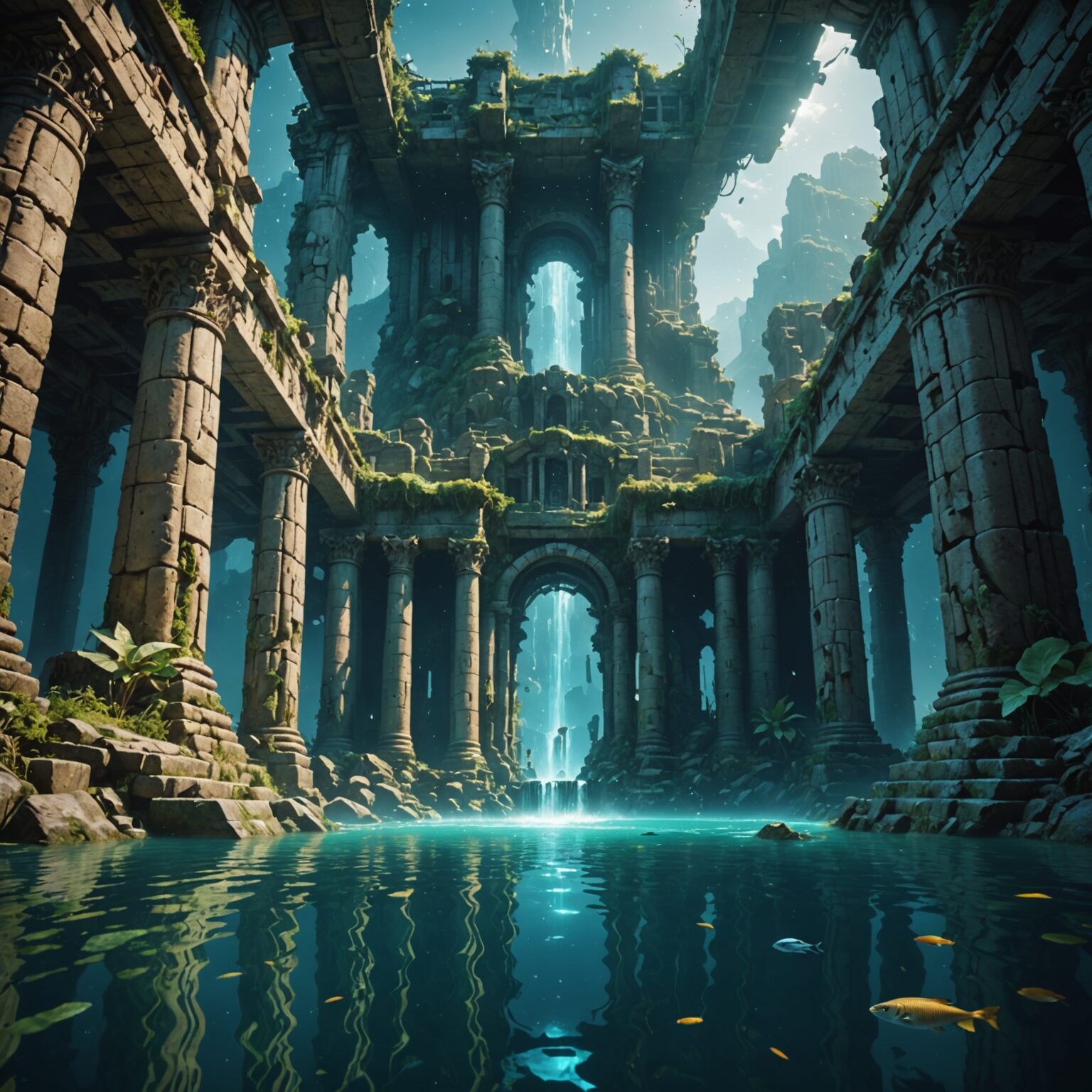 Radiant Mountain Vista: Underwater Ruins Desktop Wallpaper fantasy art
