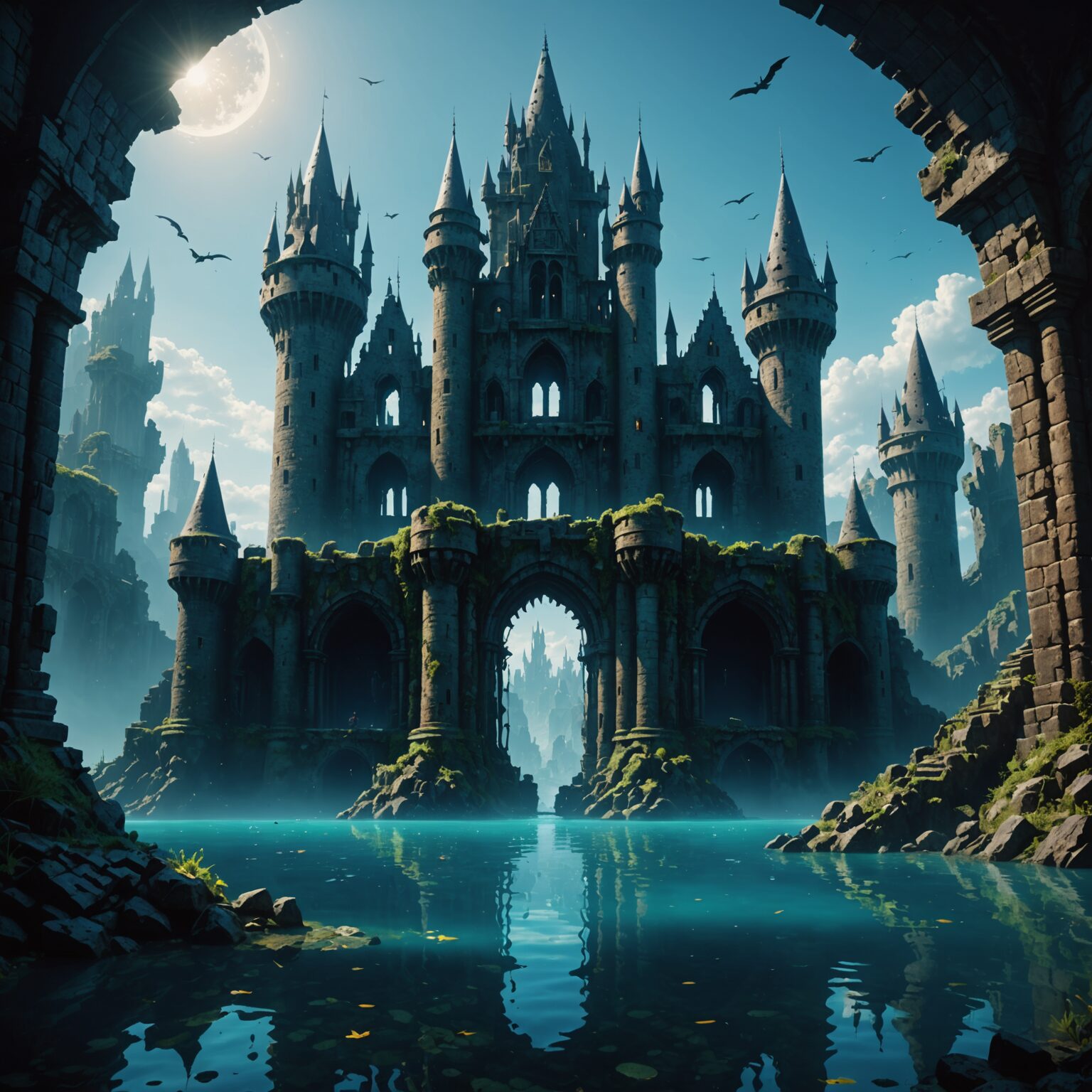Radiant Shadow Castle Skyline Over Underwater Ruins – Stunning Fantasy Desktop Wallpaper fantasy art