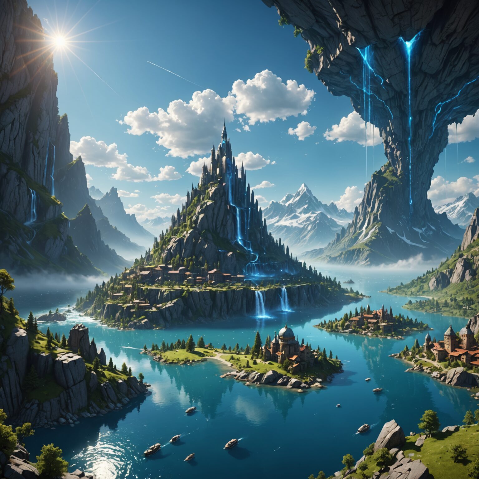 Radiant Water-Empowered Mountain Vista in a Floating Sky City Radiant Water-Empowered Mountain Vista in a Floating Sky City fantasy art