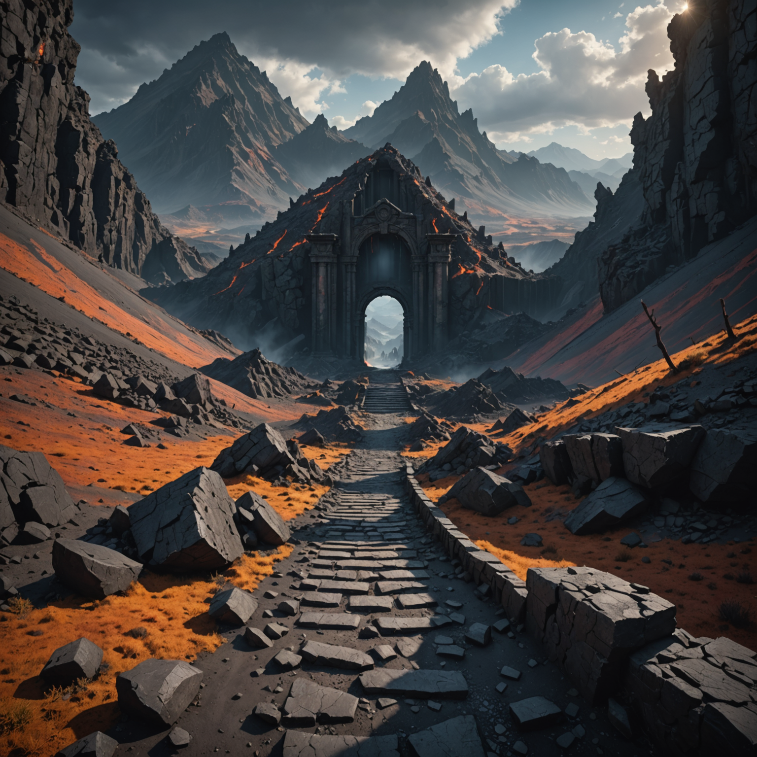 Ruined Water-Infused Pathway Amid Volcanic Peaks fantasy art