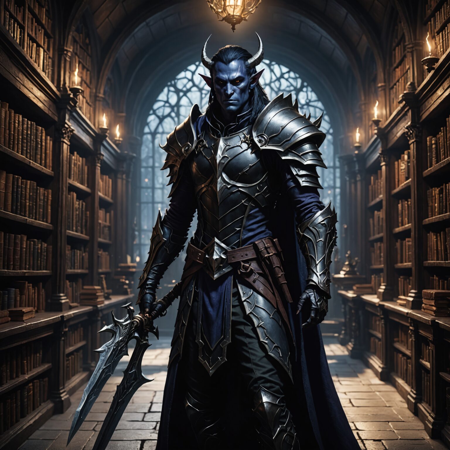 Shadow Empowered Dark Elf Champion in an Arcane Library fantasy art