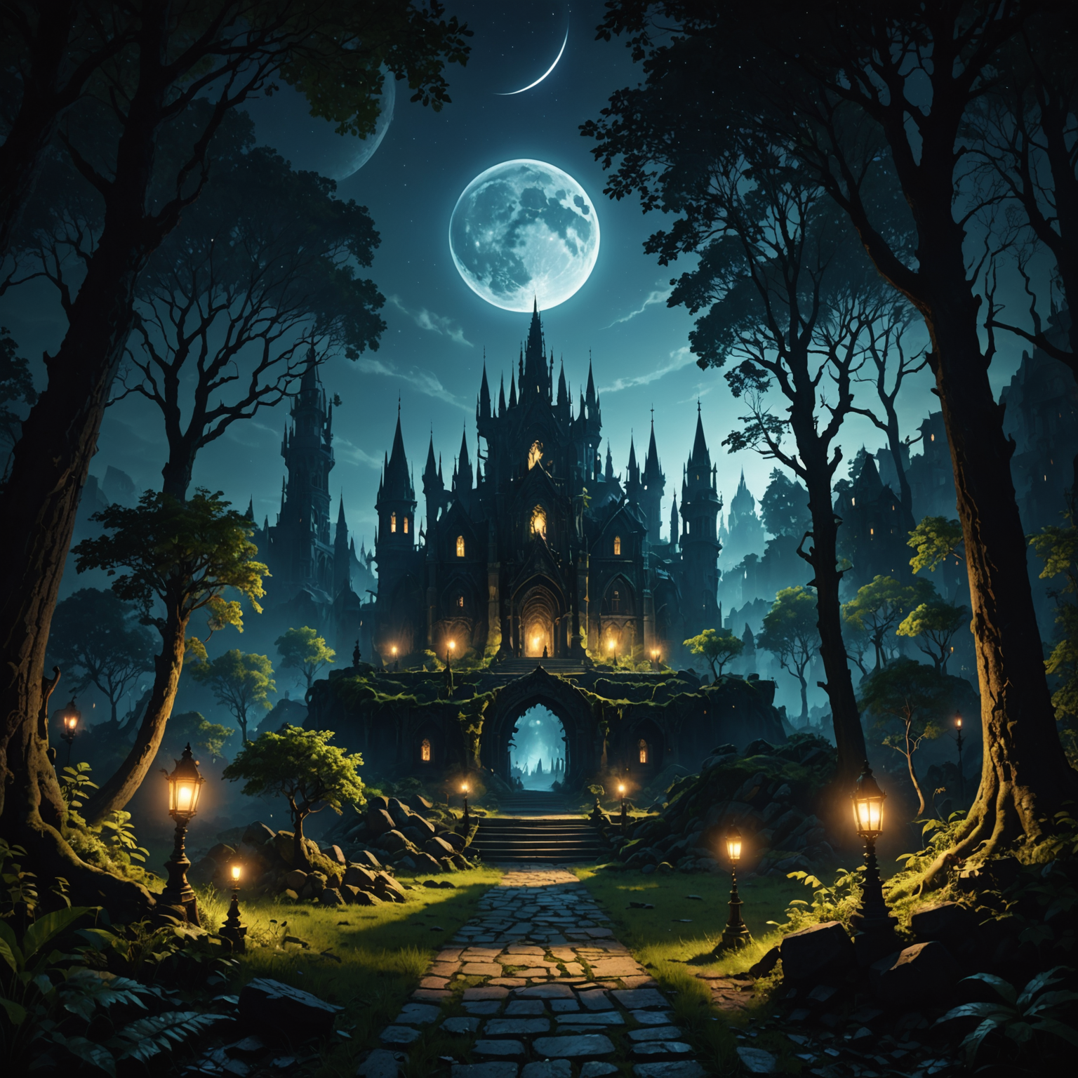 Shadow Empowers a Radiant City at Night Within an Ancient Forest fantasy art