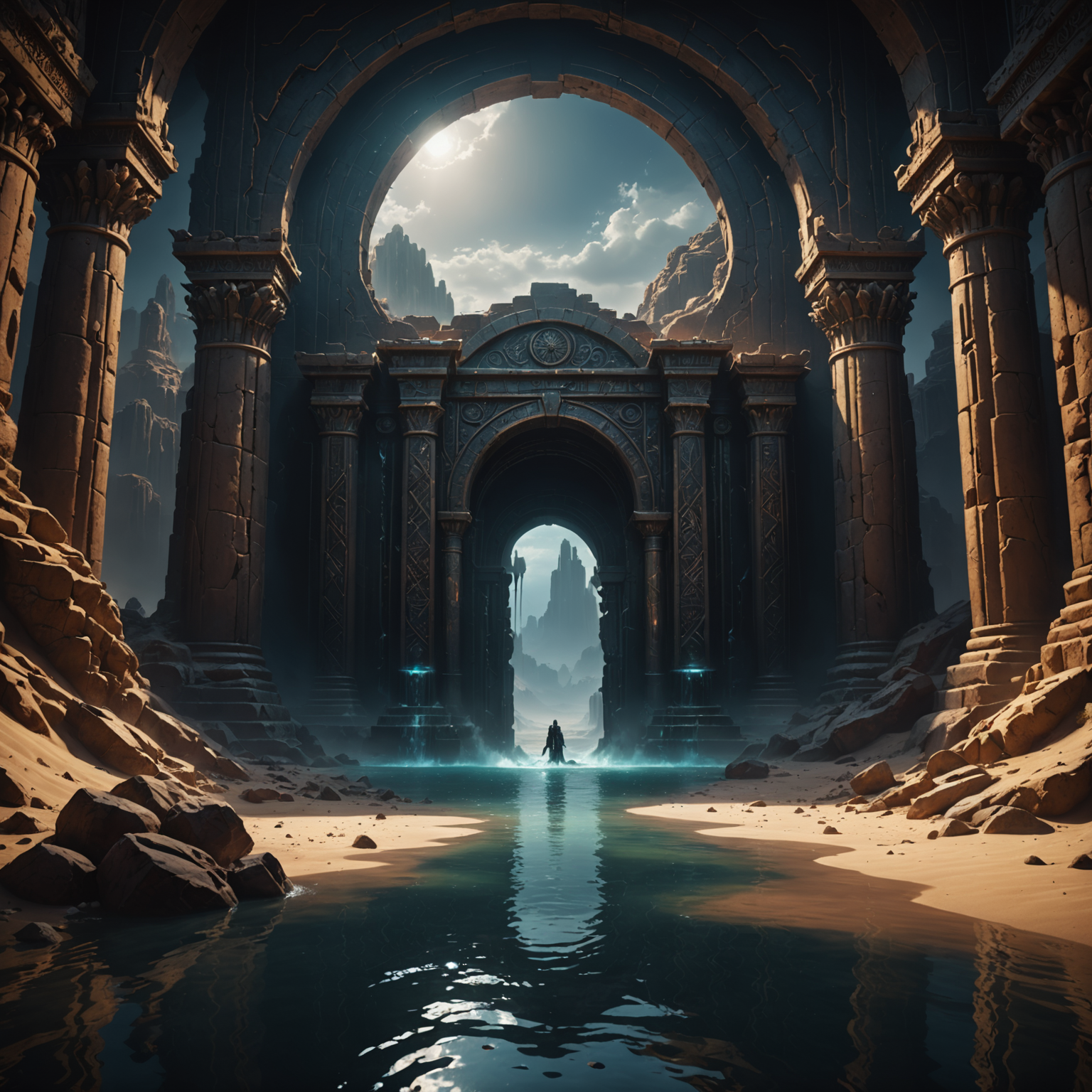 Shadowed Dark Portal Over Desert Oasis – Mobile Wallpaper fantasy art
