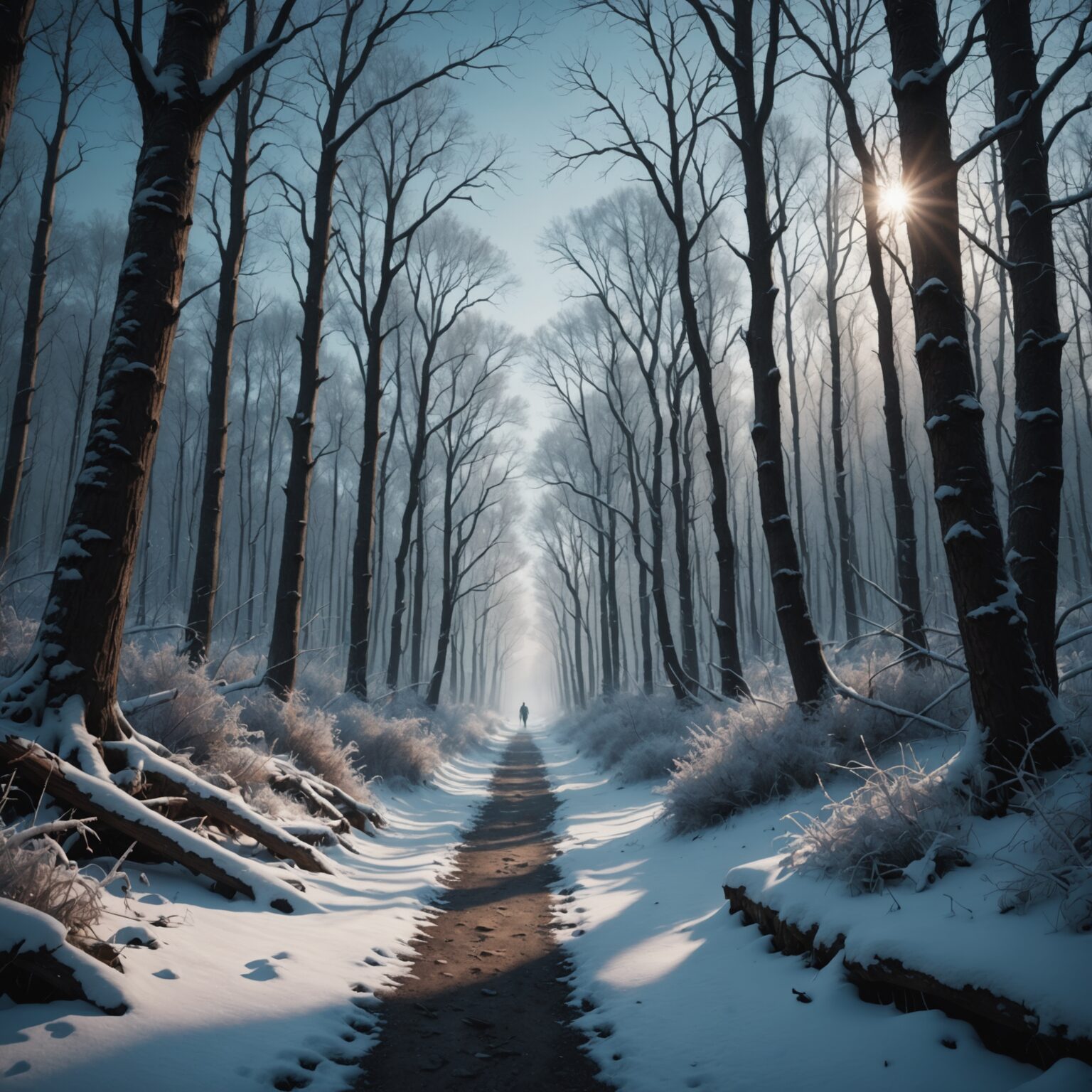 Shadowed Forest Path in a Frozen Wasteland – Epic Desktop Wallpaper fantasy art
