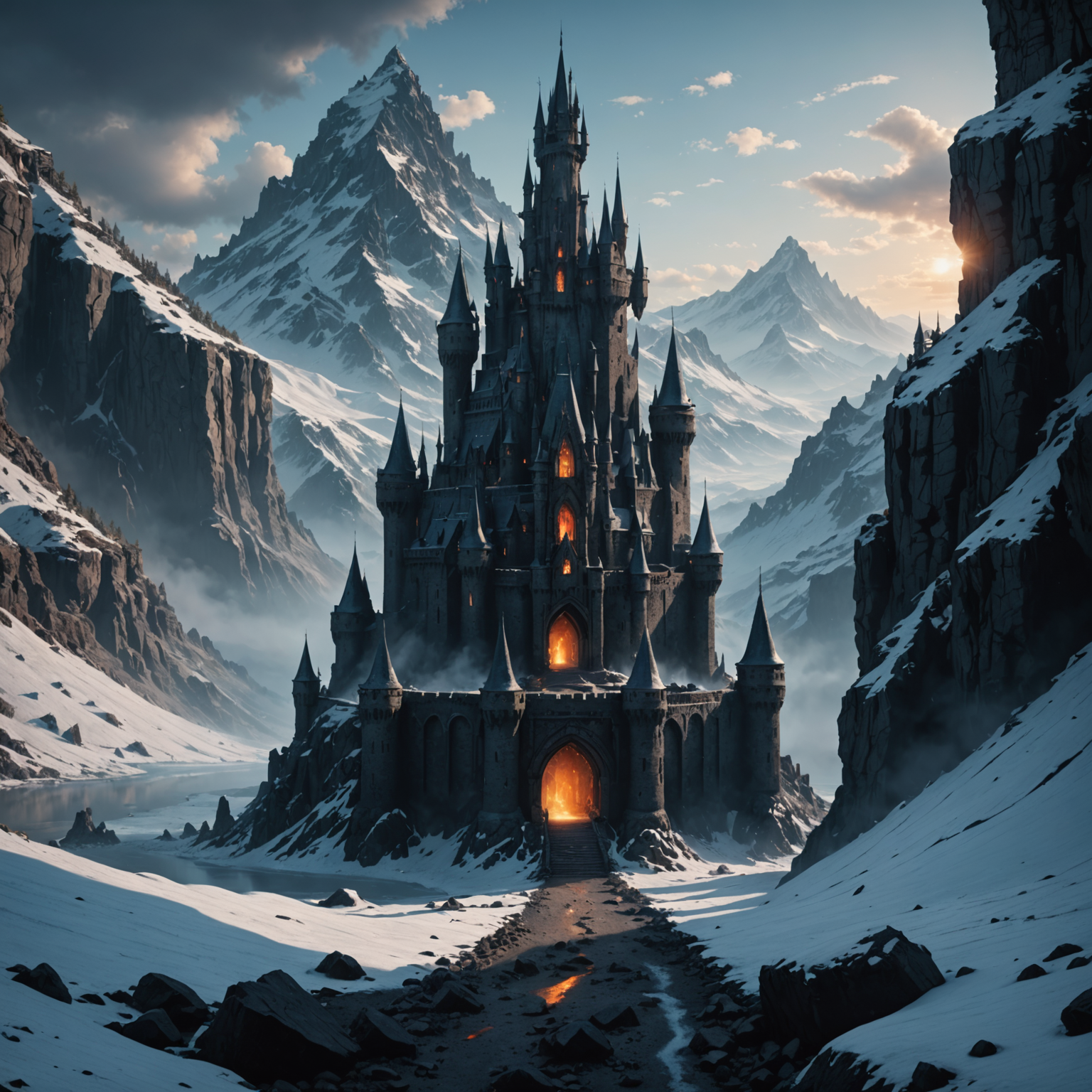 Shadowed Frostbound Citadel: 4K Fantasy Castle Wallpaper fantasy art