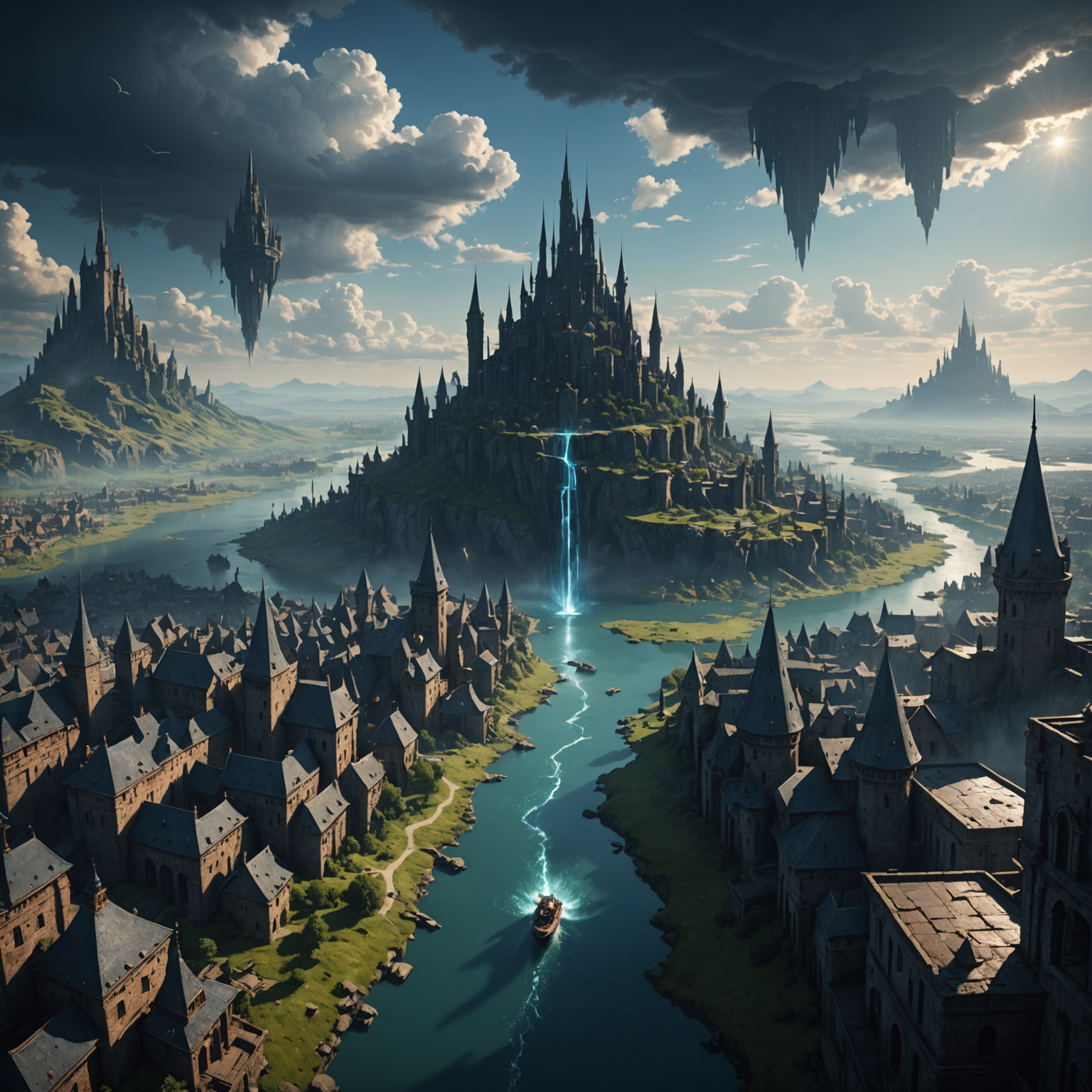 Shadowed Majesty: A Forgotten Fantasy Landscape in the Floating Sky City fantasy art