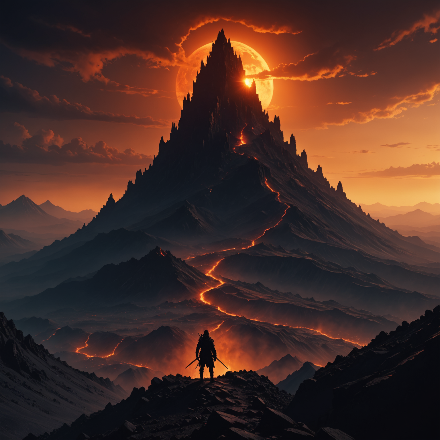 Shadowed Tower Silhouette Amid Volcanic Majesty: Mobile Wallpaper Edition fantasy art