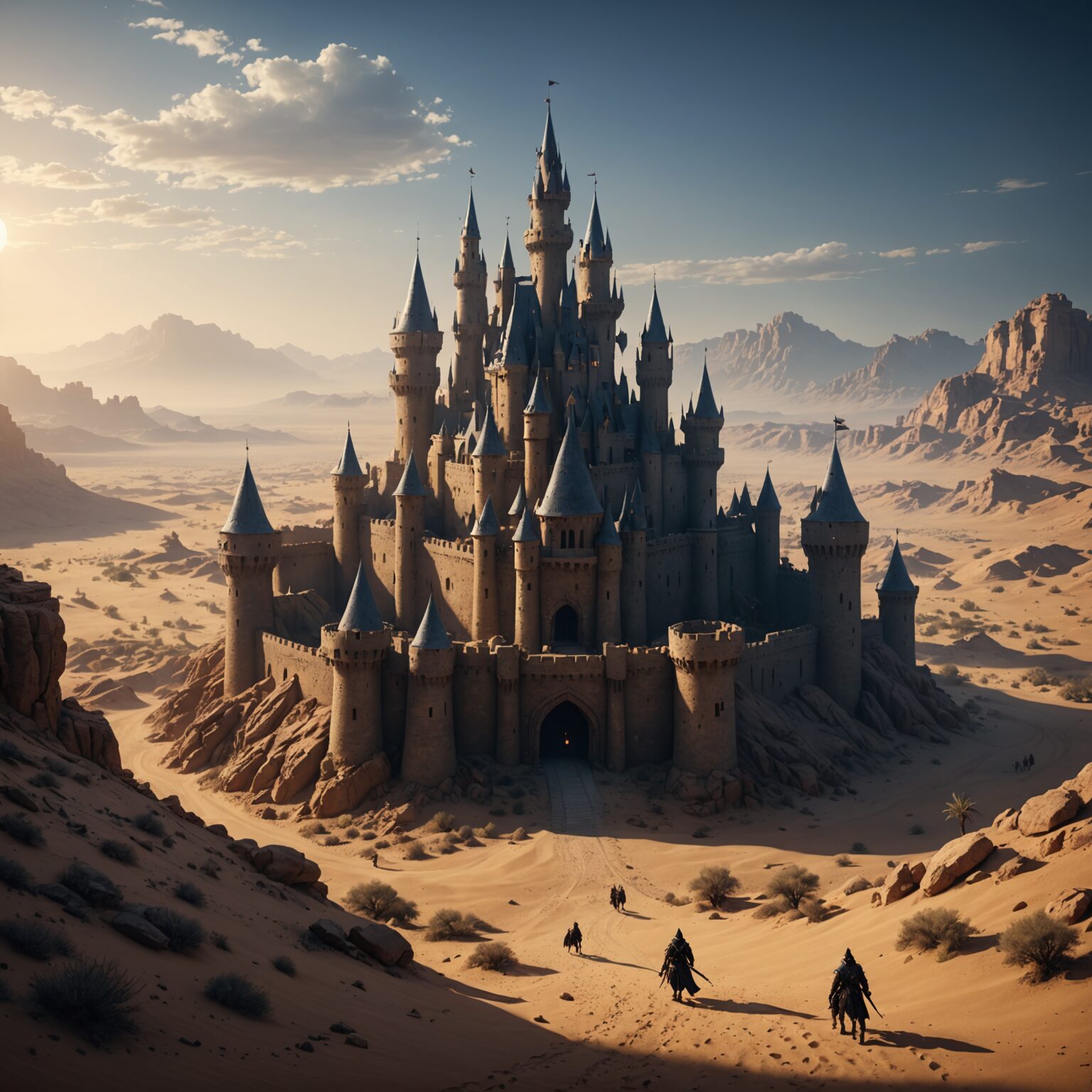 Shadowed Triumph: A Cinematic Castle in a Desert Kingdom 4K Wallpaper fantasy art