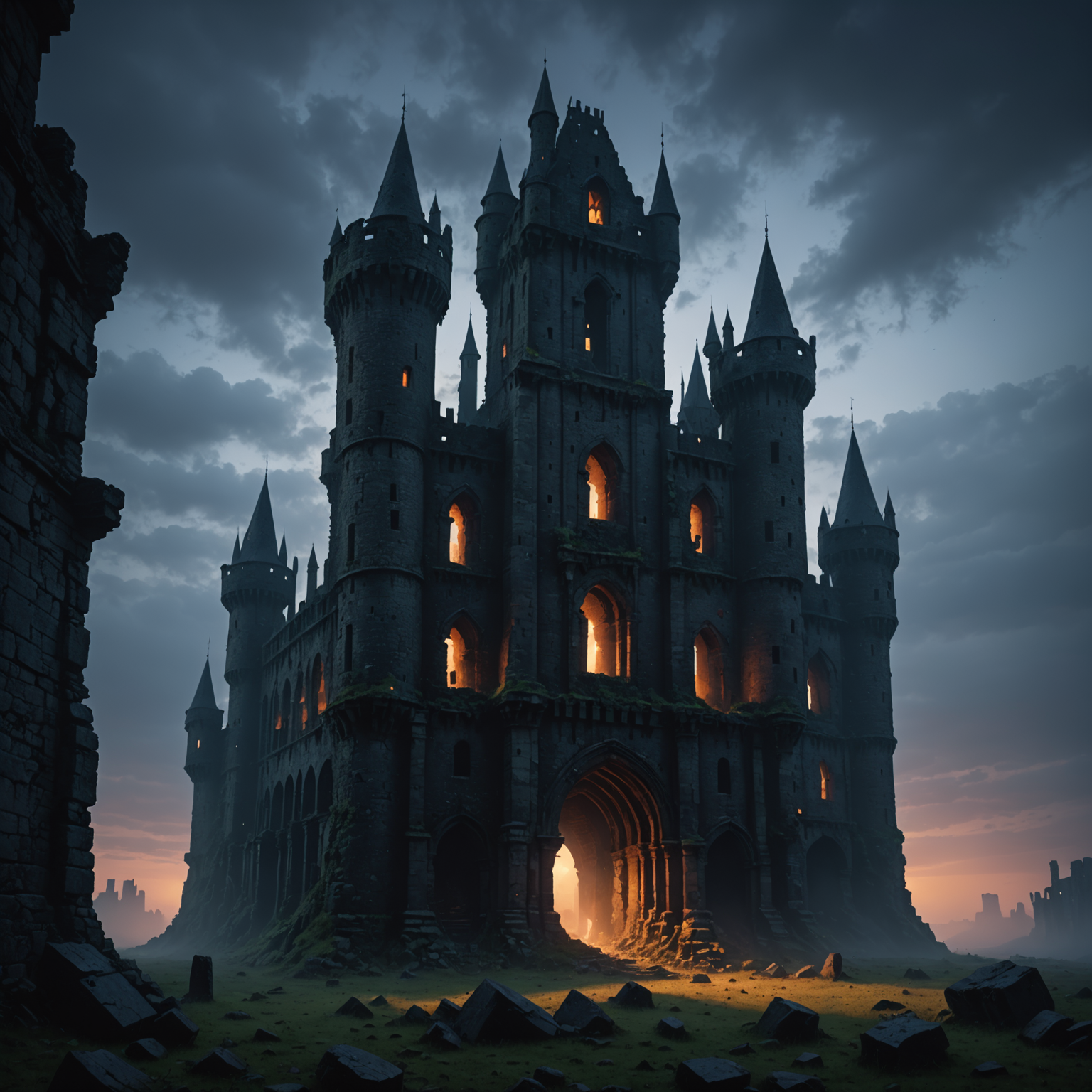Sky Castle of Shadows: An Ethereal Ruin above the Clouds fantasy art