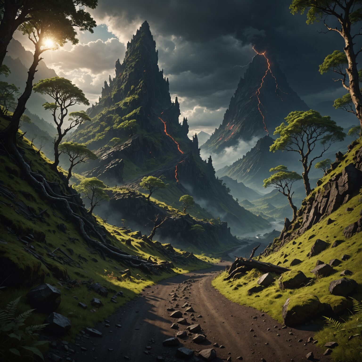 Storm-Wielding Forest Path Through Volcanic Mountains fantasy art