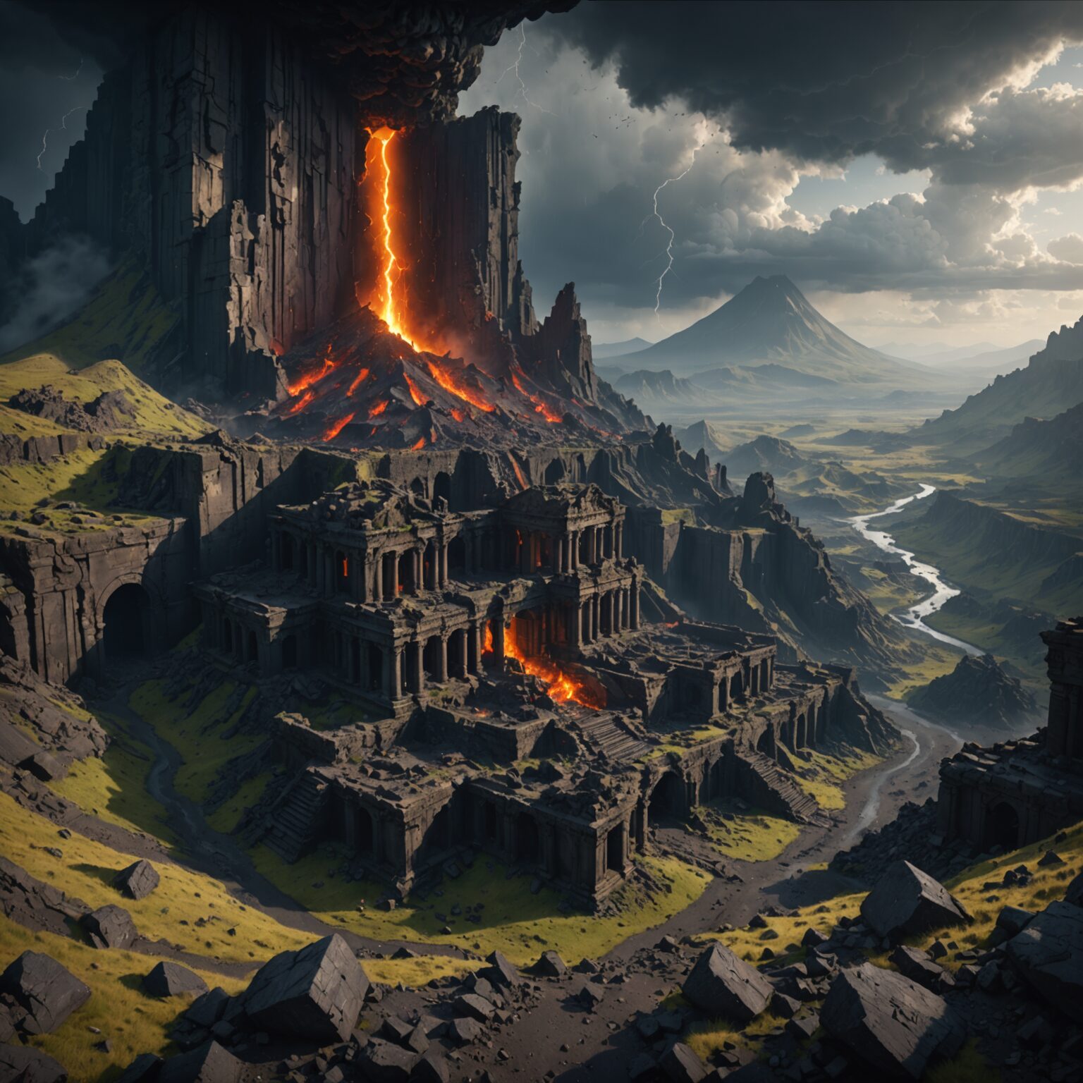 Storm-Wracked Ruins Amid Volcanic Peaks: A Visual Journey Storm-Wracked Ruins Amid Volcanic Peaks: A Visual Journey fantasy art