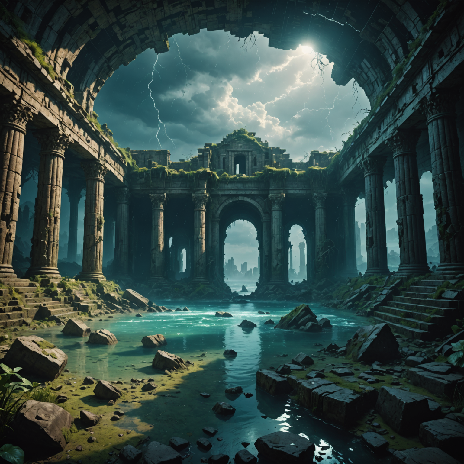 Stormbound Mystics: Underwater Ruins in Cinematic Fury fantasy art