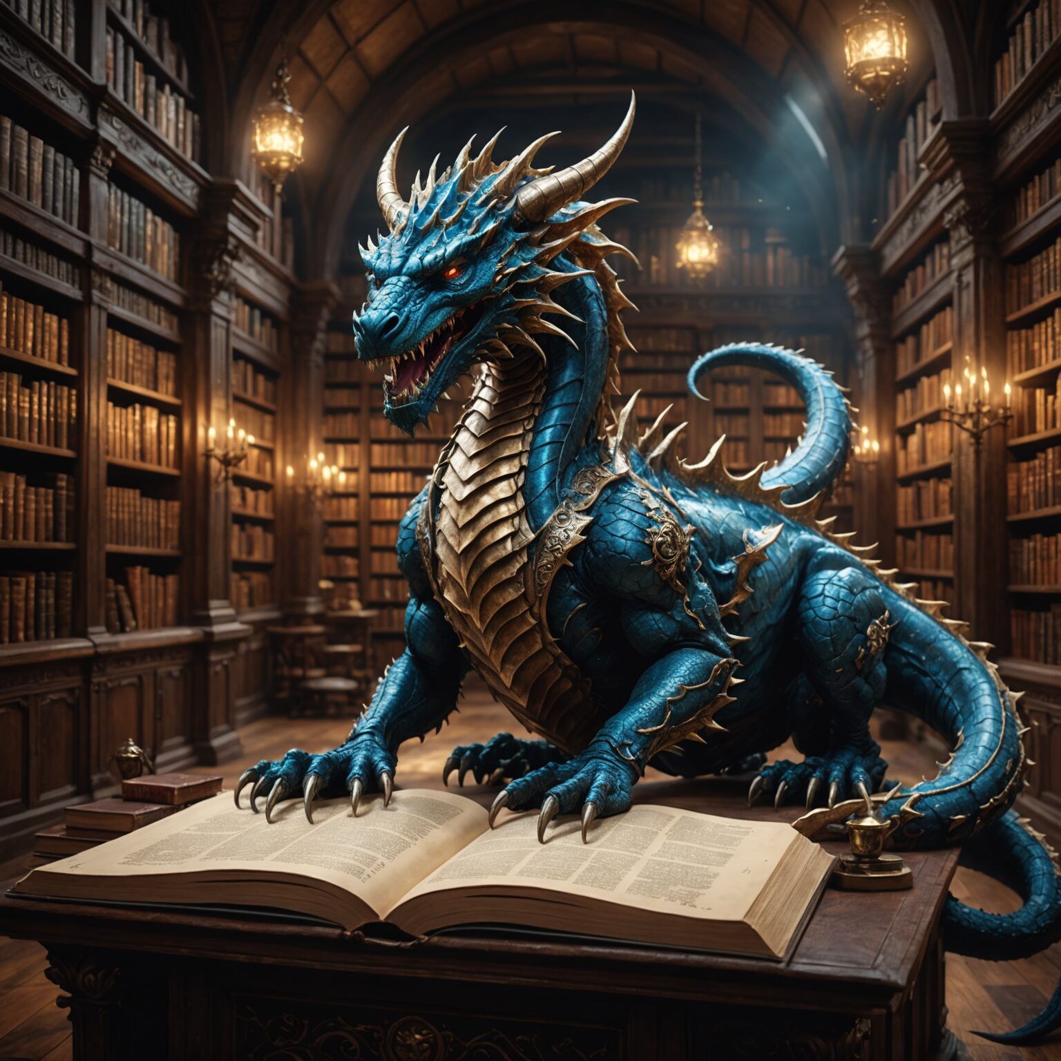 The Celestial Scholar: A Wyrm’s Dominion Over the Arcane Library fantasy art