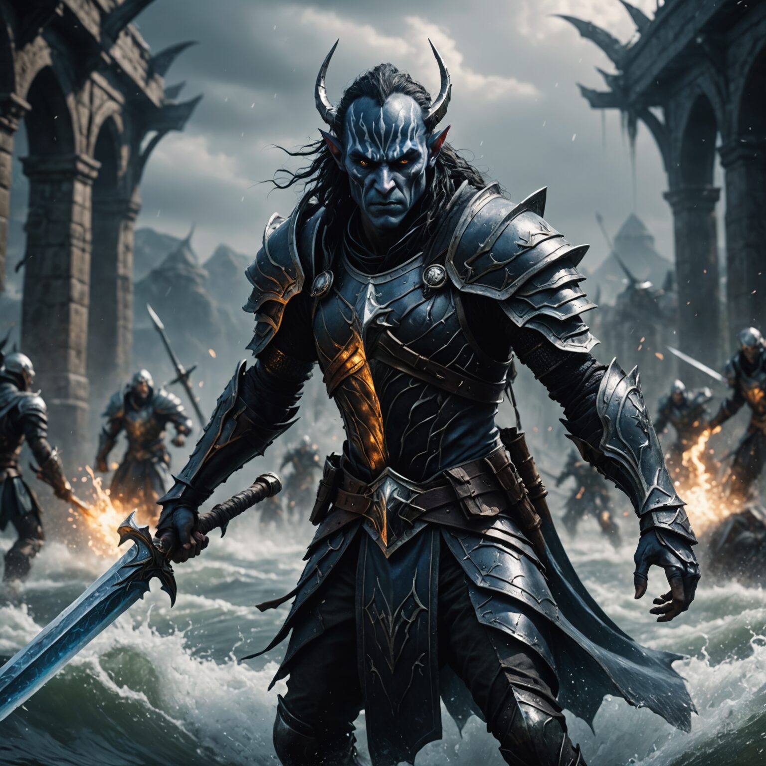 The Dark Elf Protector: A Water-Wielding Guardian on the Battlefield fantasy art