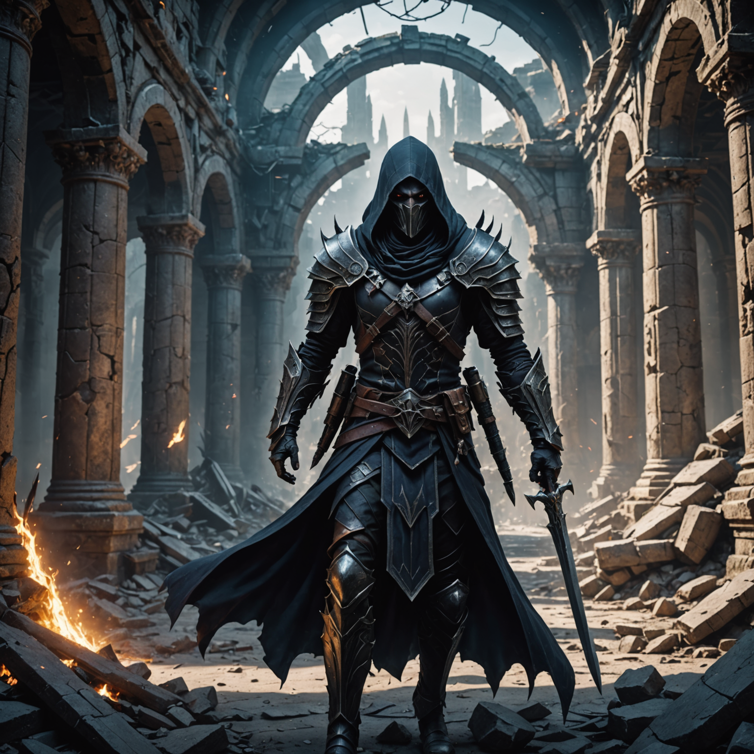 The Earthbound Assassin: A Dark Elf's Silent Vigil in the Ruined Temple fantasy art