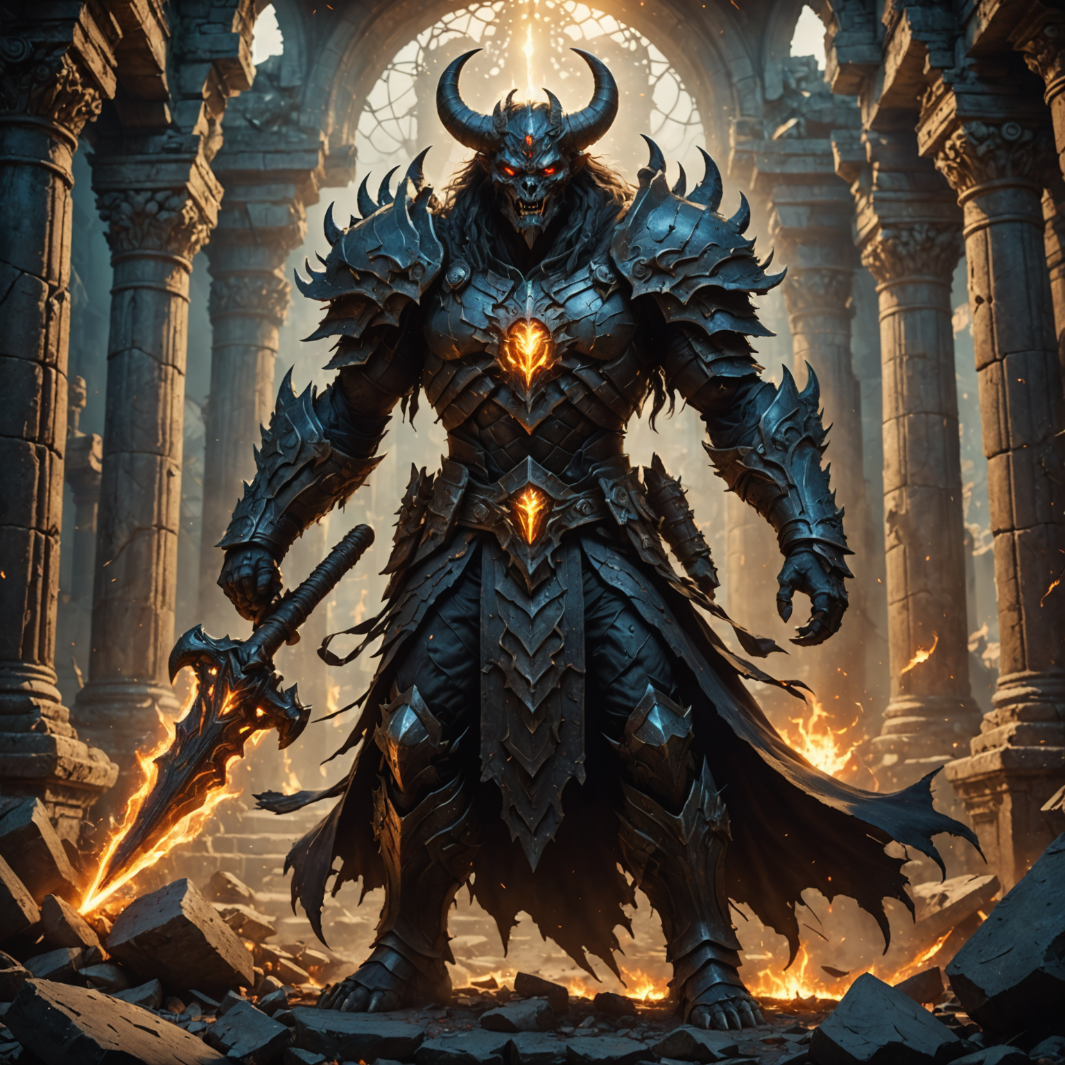 The Earthbound Guardian: A Legendary Demon Protector in a Ruined Temple fantasy art