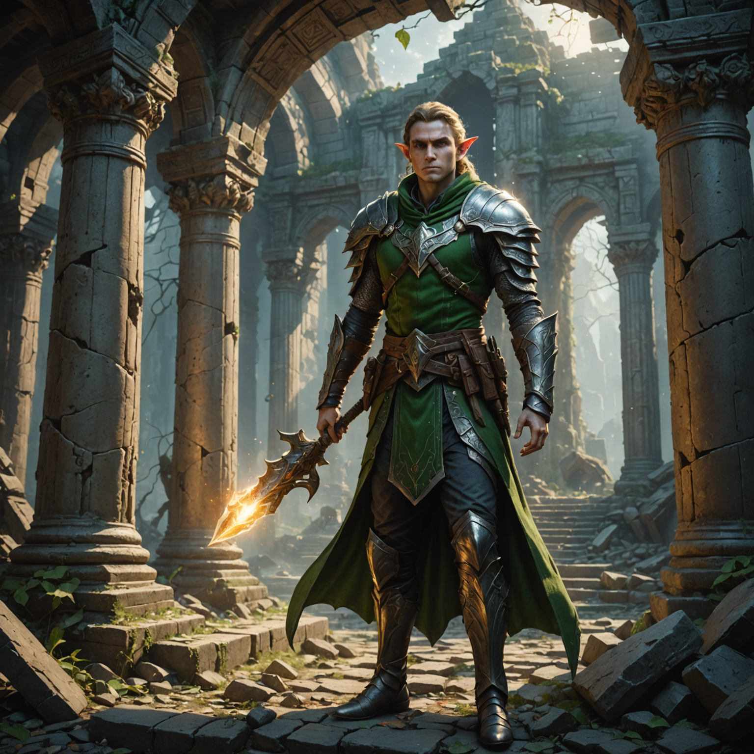 The Earthbound Protector: An Elf Guardian at the Ruined Temple The Earthbound Protector: An Elf Guardian at the Ruined Temple fantasy art