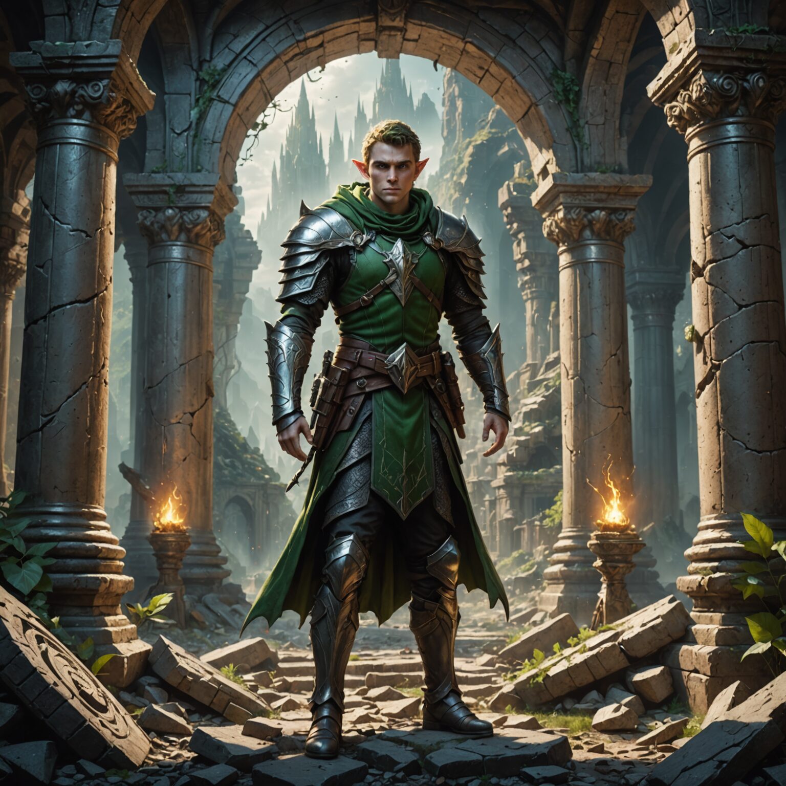 The Earthbound Protector: An Elf Guardian of the Ruined Temple fantasy art