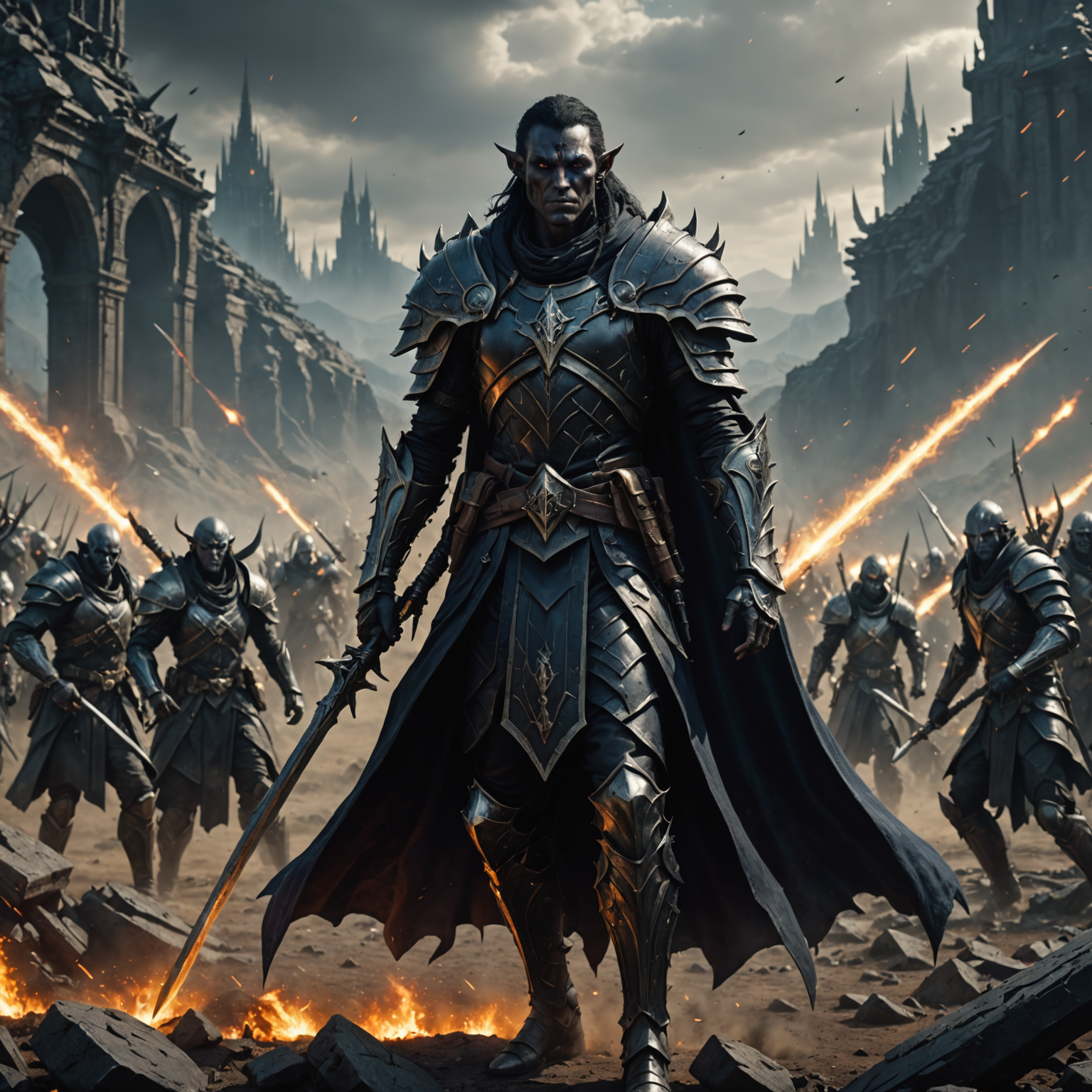 The Earthbound Scholar: A Dark Elf's Command on the Battlefield fantasy art