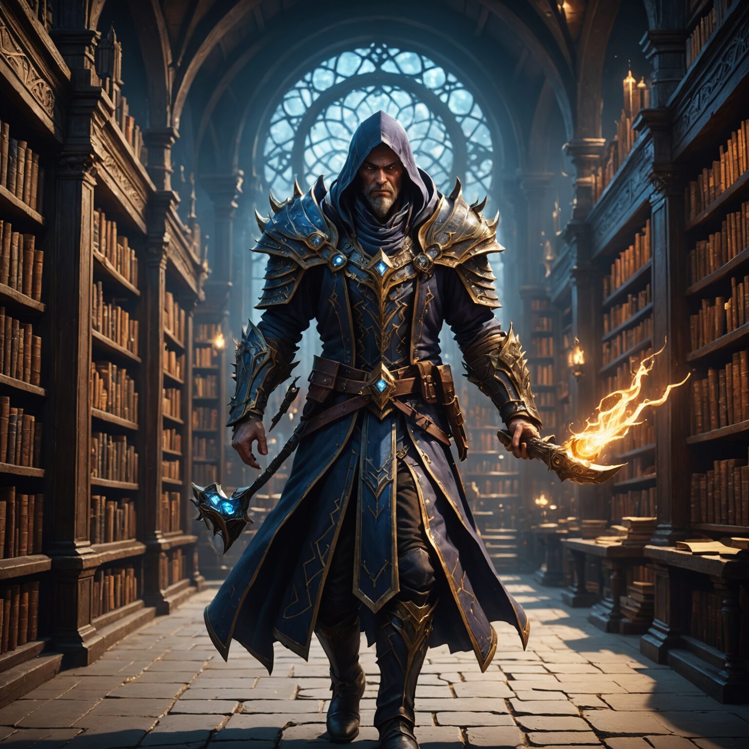 The Earthbound Spellblade: A Scholar's Mastery in the Arcane Library fantasy art