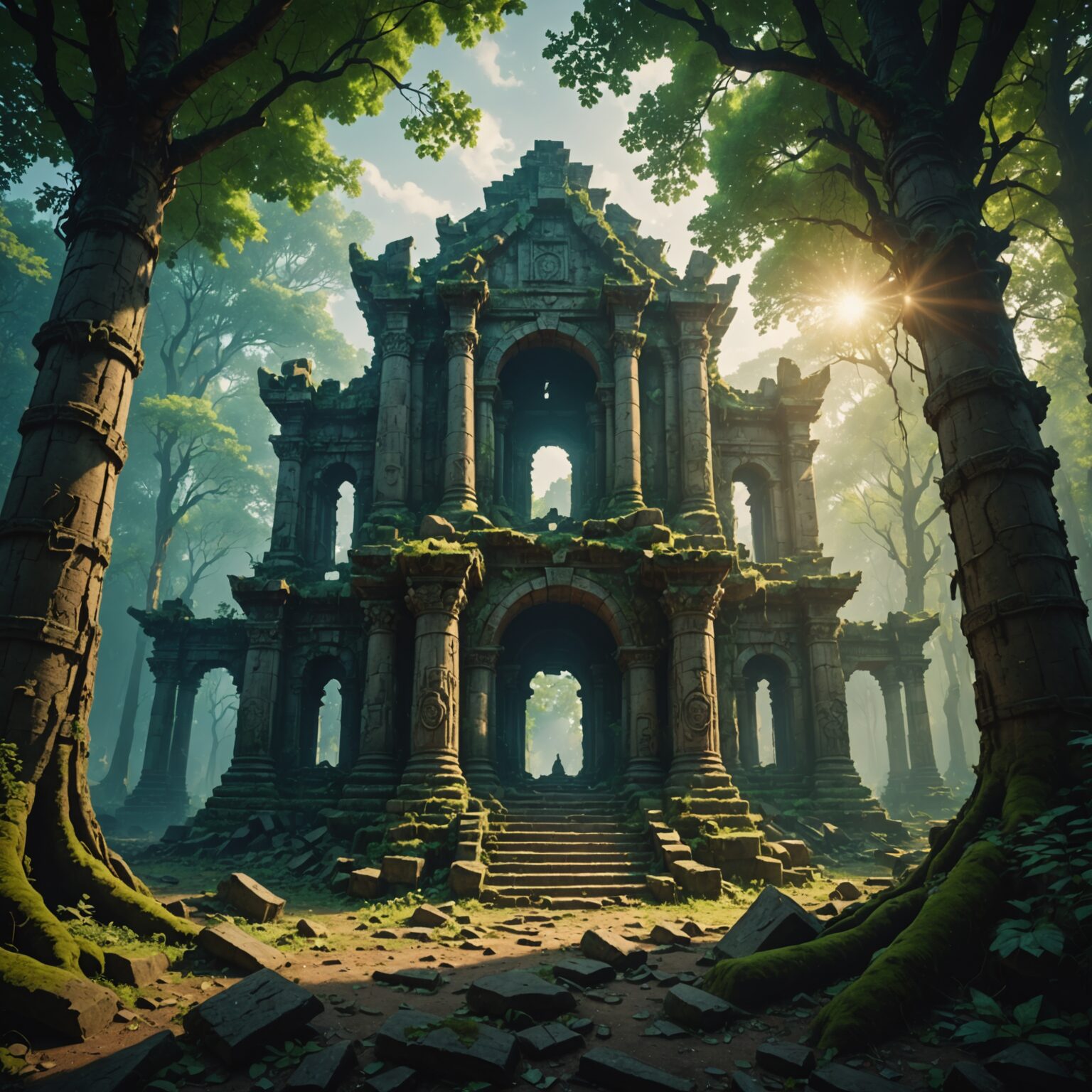 The Enchanted Ruins: A Forgotten Forest Temple Wielding Earth’s Power fantasy art