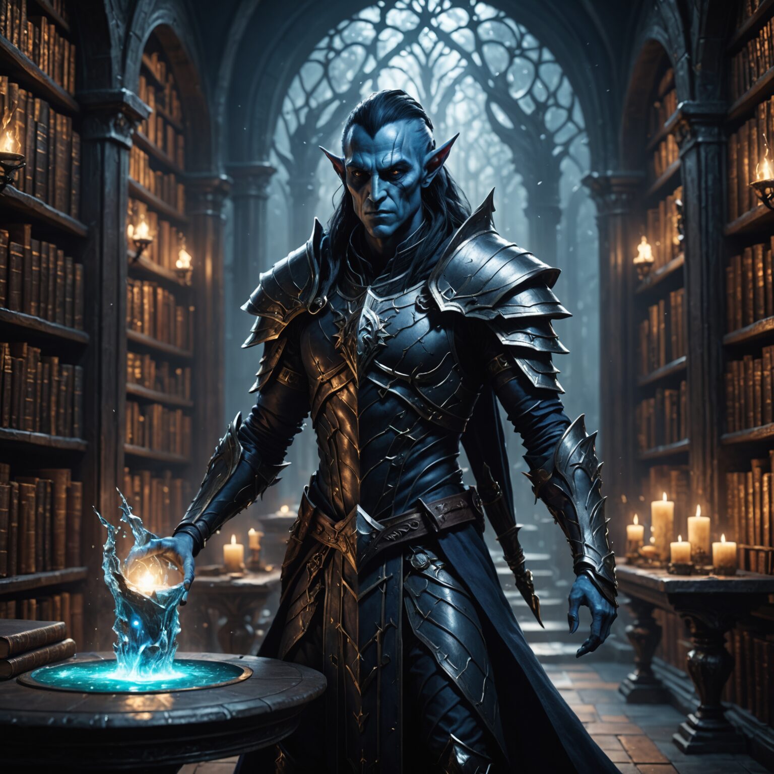 The Enigmatic Water Guardian: Dark Elf Protector of the Arcane Library The Enigmatic Water Guardian: Dark Elf Protector of the Arcane Library fantasy art