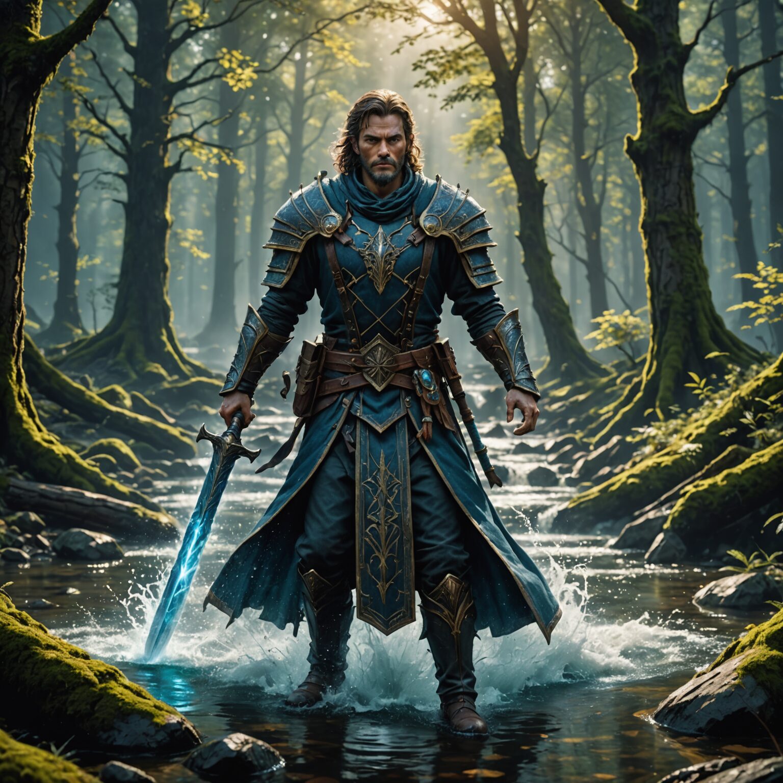 The Enigmatic Water Spellblade: A Scholar's Mastery in the Ancient Forest fantasy art